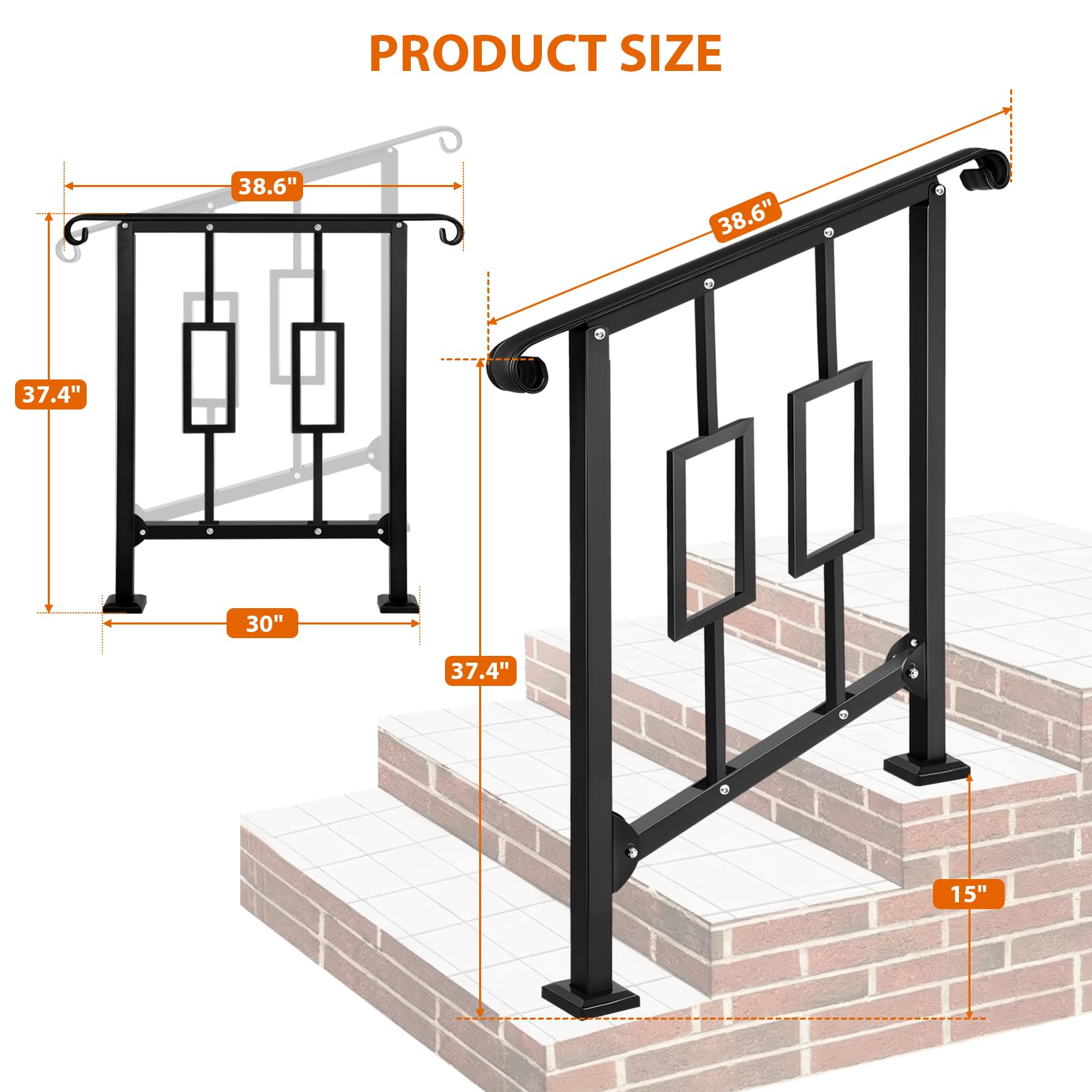 Etokfoks Black Metal Outdoor Handrail for 2 to 3 Steps Adjustable Stair ...