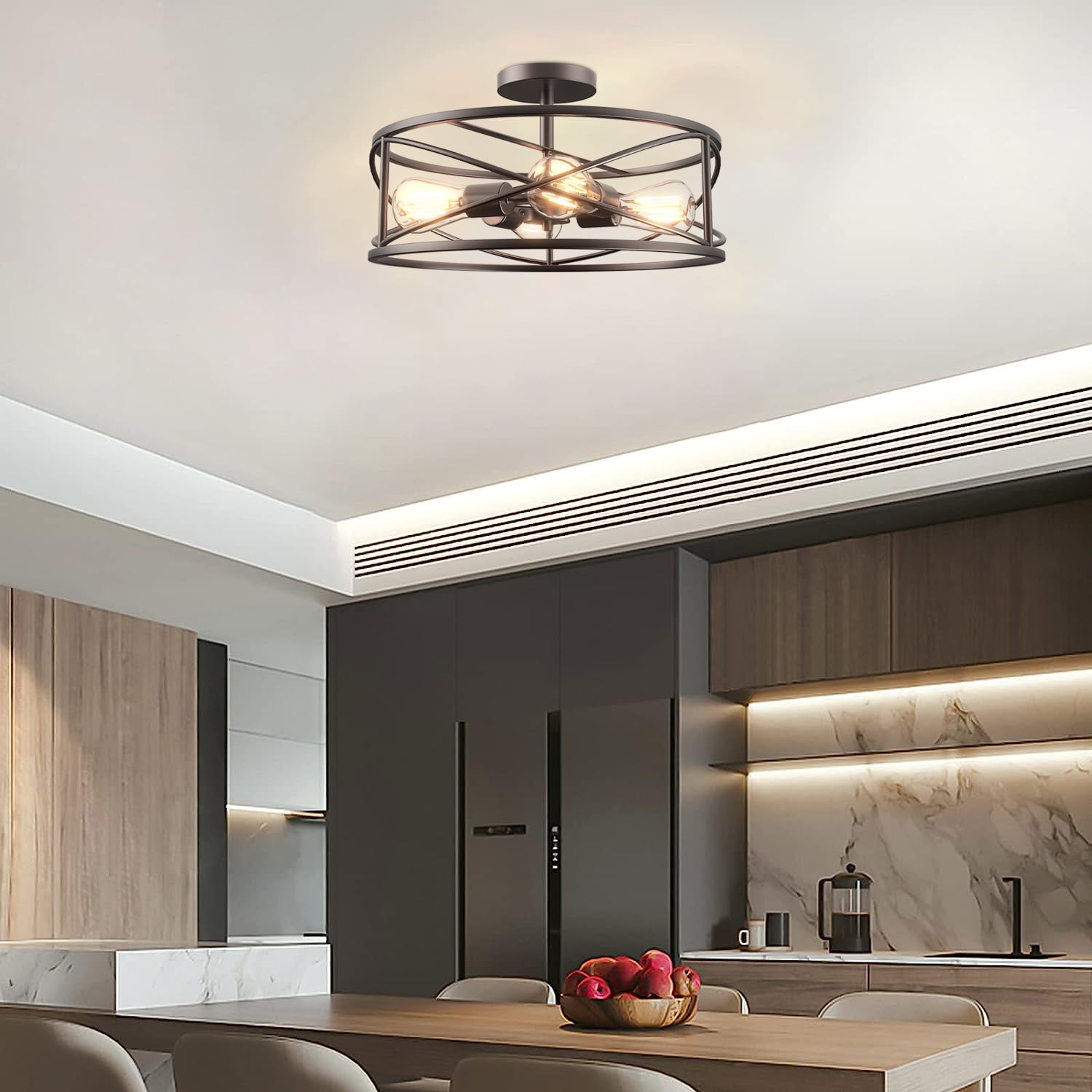 Defong 17'' Oil Rubbed Bronze 4-Light Caged Drum Semi Flush Mount