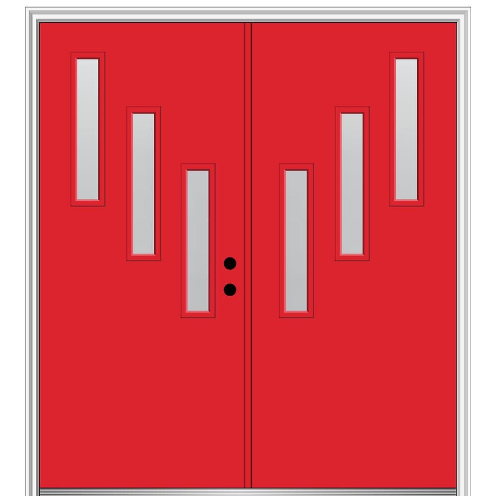 MMI DOOR ZZ347951L Spotlights 60-in x 80-in x 4-9/16-in Fiberglass Pulse lite Left-hand inswing Red Saffron Painted Prehung Double Front Door with Brickmould Insulating core
