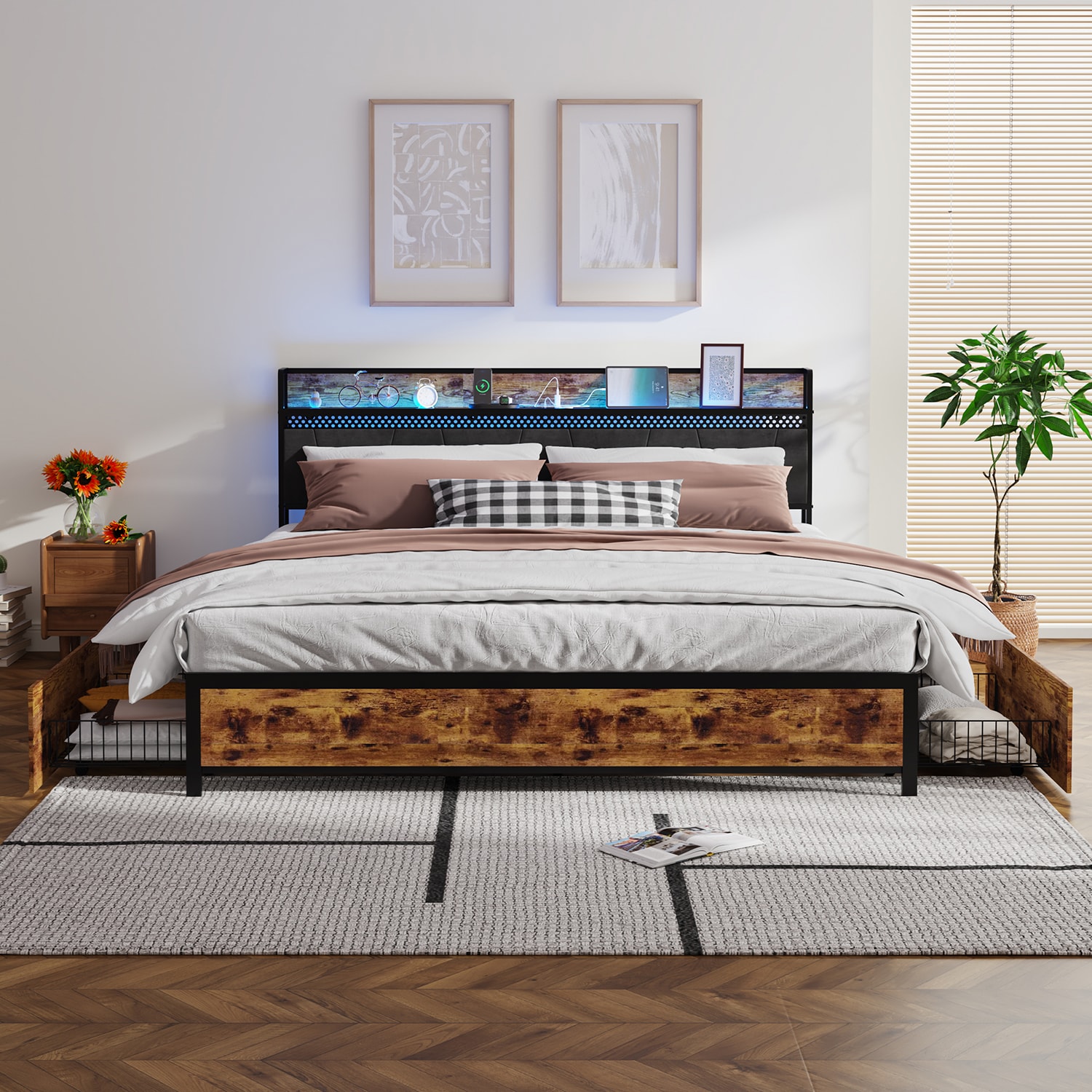 GZMR 5955AABUS-LC Queen Bed Frame with Storage Headboard Brown Queen Metal Bed frame Bed with Storage
