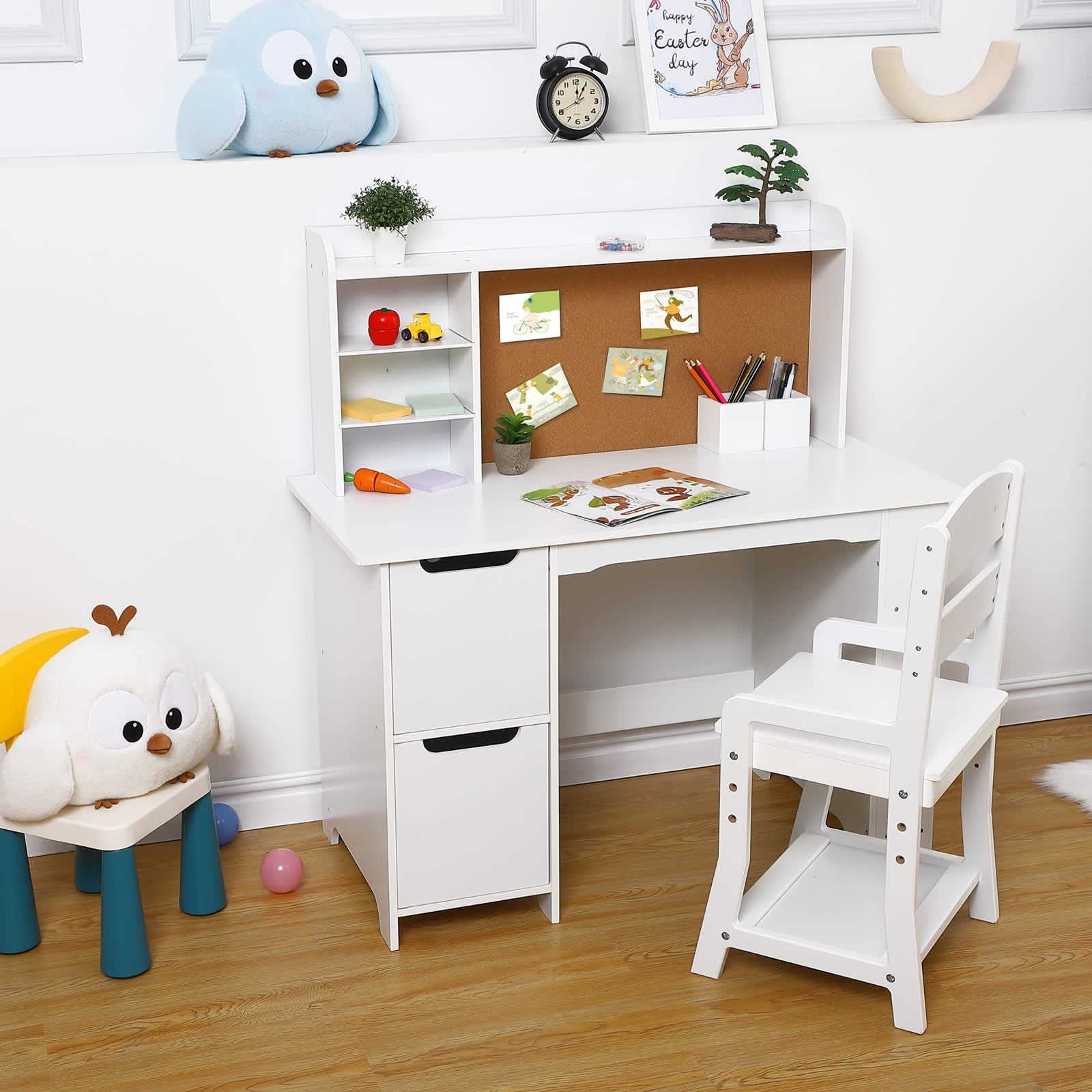 Qeetex SUN-PTO-0YGJZEXD Kids Desk and Chair Set Wooden Study Table with Storage Shelves Bulletin Board and Hutch for Homework and Reading