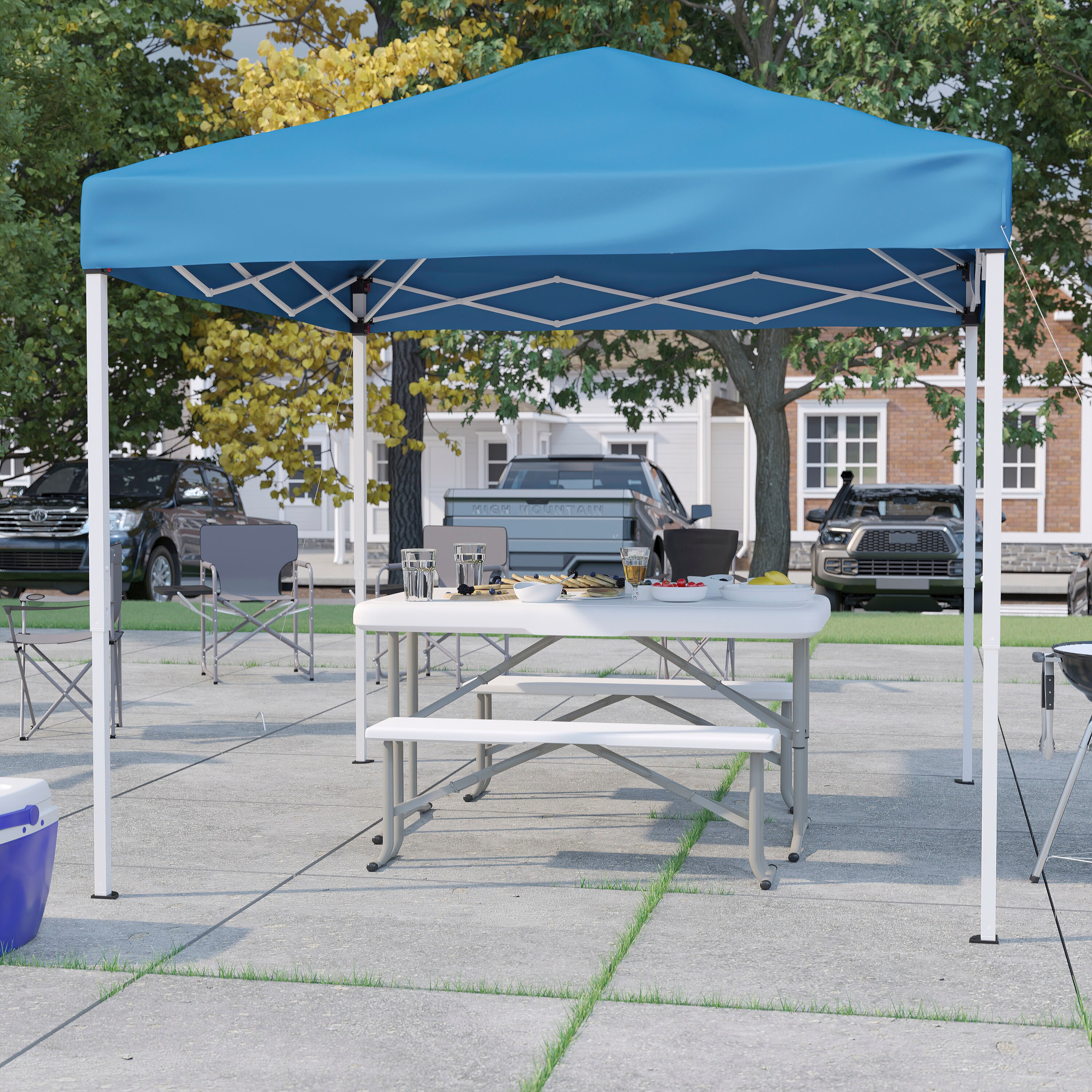 Flash Furniture 889142988793 Kramer 8-ft x8-ft Blue Pop Up Event Canopy Tent with Carry Bag and Folding Bench Set - Portable Tailgate; Camping; Event Set