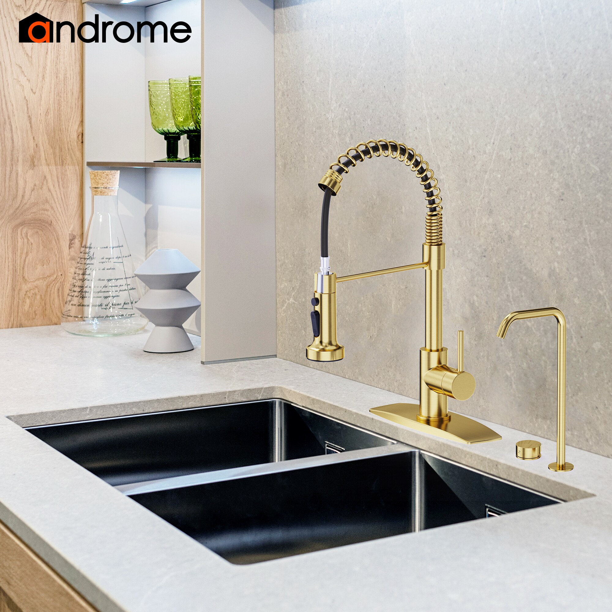 androme Gold Single Handle High-arc Kitchen Faucet with Deck Plate in ...