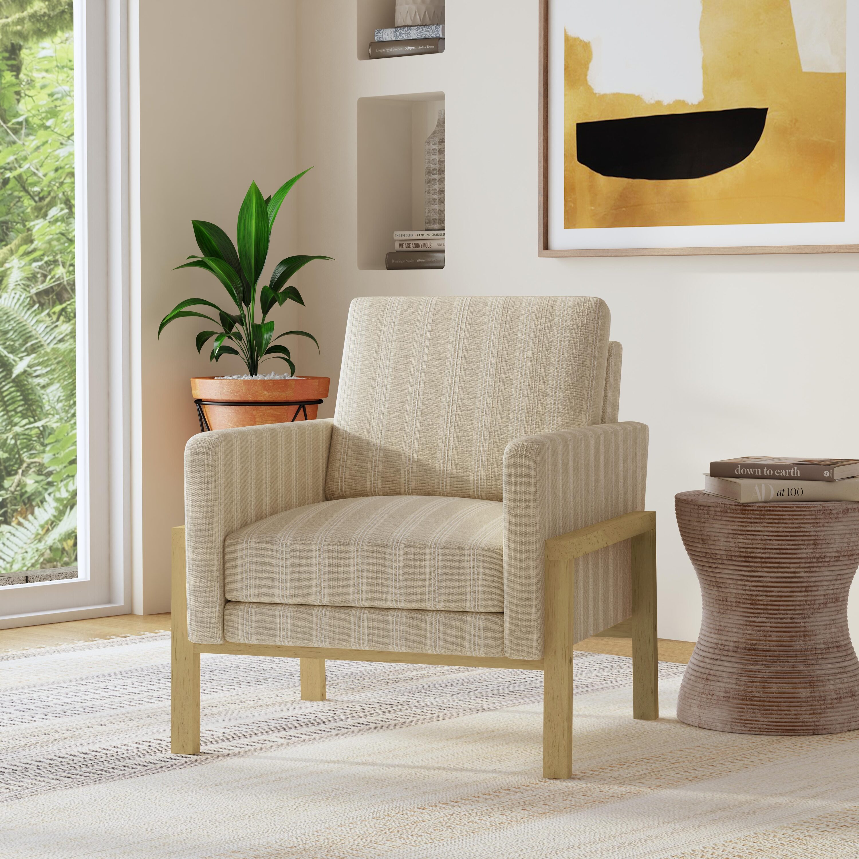 Wood Frame Accent Chair 31-in W Farmhouse Tan Stripe Accent Armchair