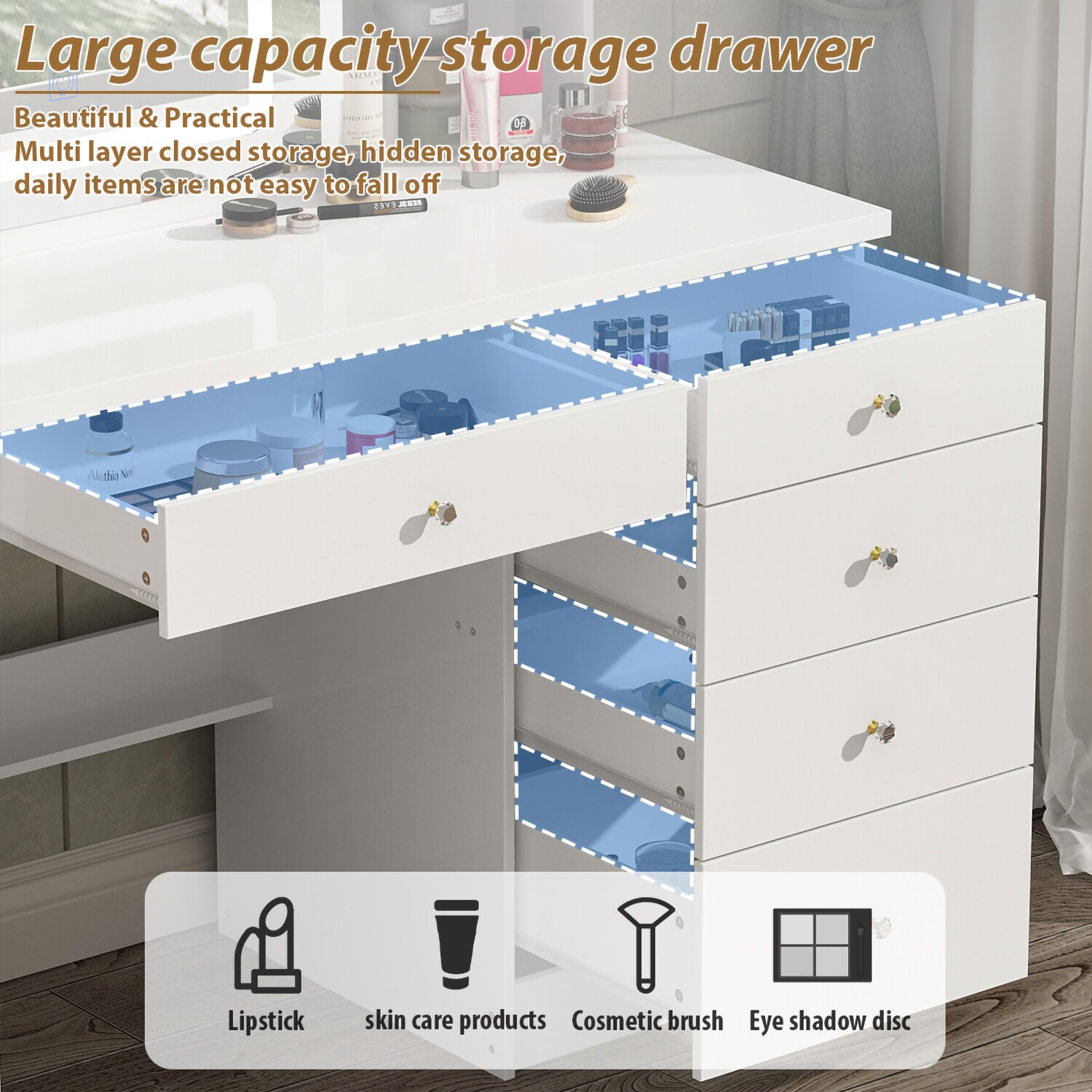 FUFU&GAGA Contemporary White Makeup Vanity Table with Mirror and Stool - 5 Drawers, Adjustable Light Modes and Brightness