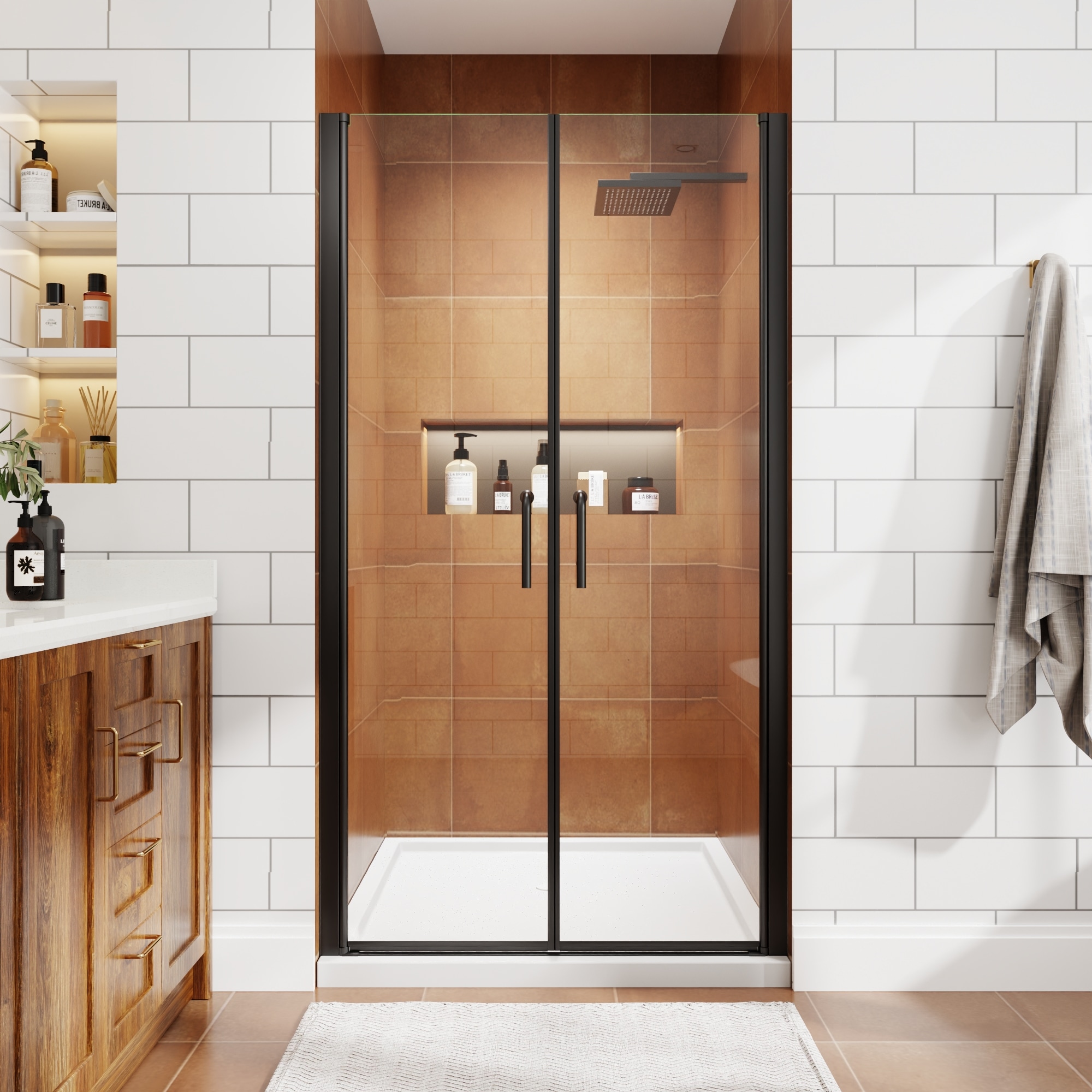 MODLAND 40 in to 42 in W x 72 in H Matte Black Semi Frameless Hinged Shower Door with 6 mm Tempered Glass Reversible Installation