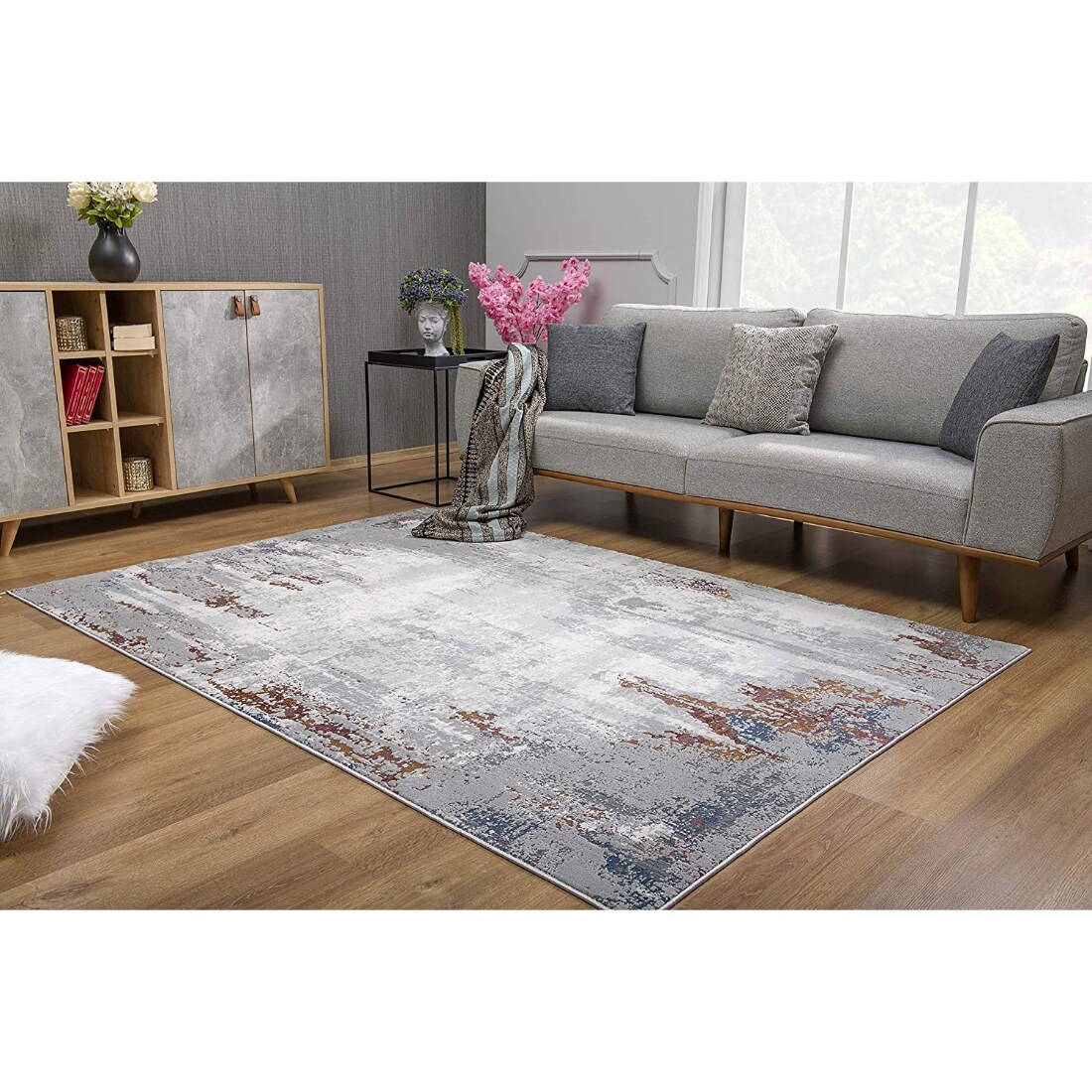 5 x 8 (ft) Gray Ivory Rectangular Indoor Abstract Area rug