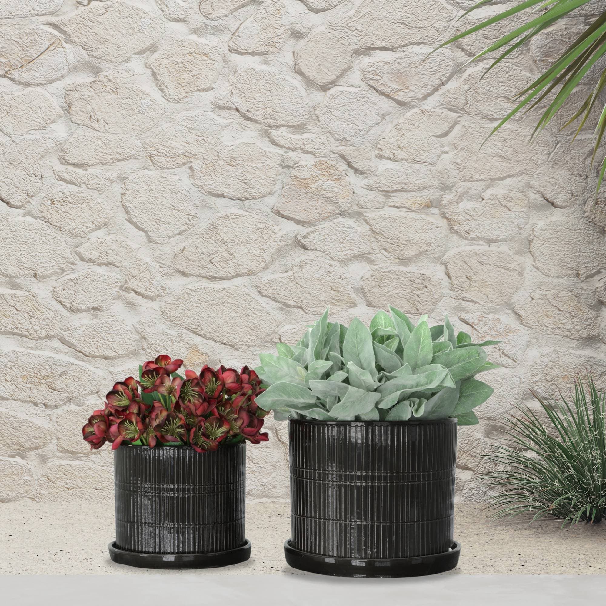 Yiekholo LL-1653AA 2 -Pack Round 12.0-in W x 10-in H x 12-in D Black Ceramic Indoor/Outdoor with Self Watering Planter