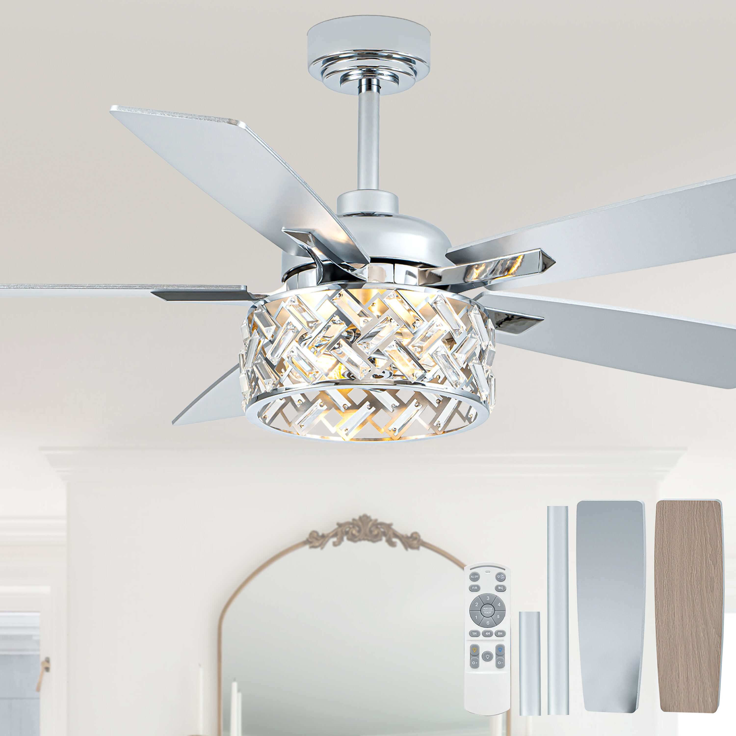 Cusp Barn CS52P28MD 52-in Smart Silver with Wood Blades Chandelier Ceiling Fan Without Light - Remote Included ( 5 -Blade )