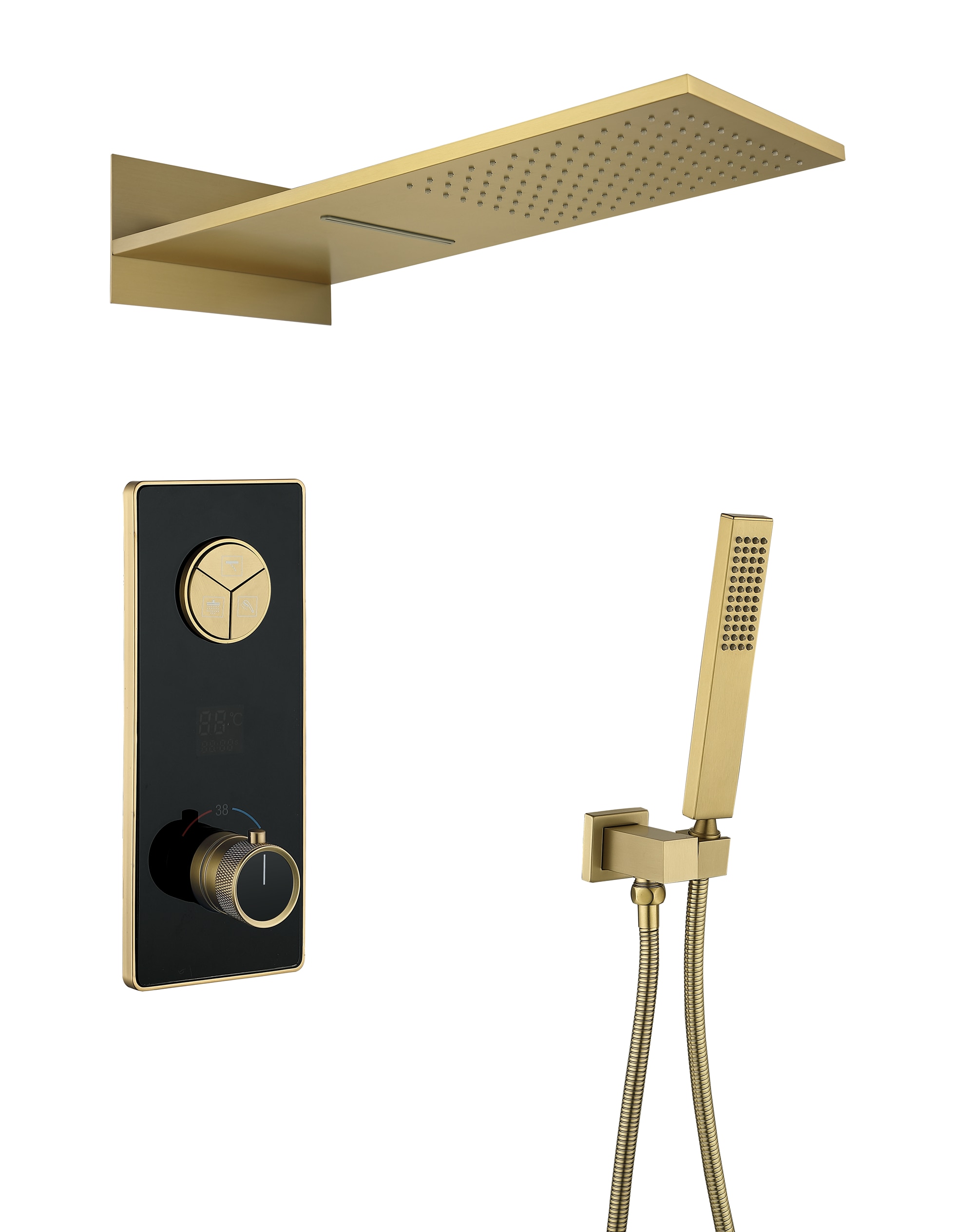 WELLFOR WB-SH010-BG Brushed Gold 21.65-in Waterfall Dual Head Built-In Shower Faucet System with 2-way Diverter ( Thermostatic Valve Included )