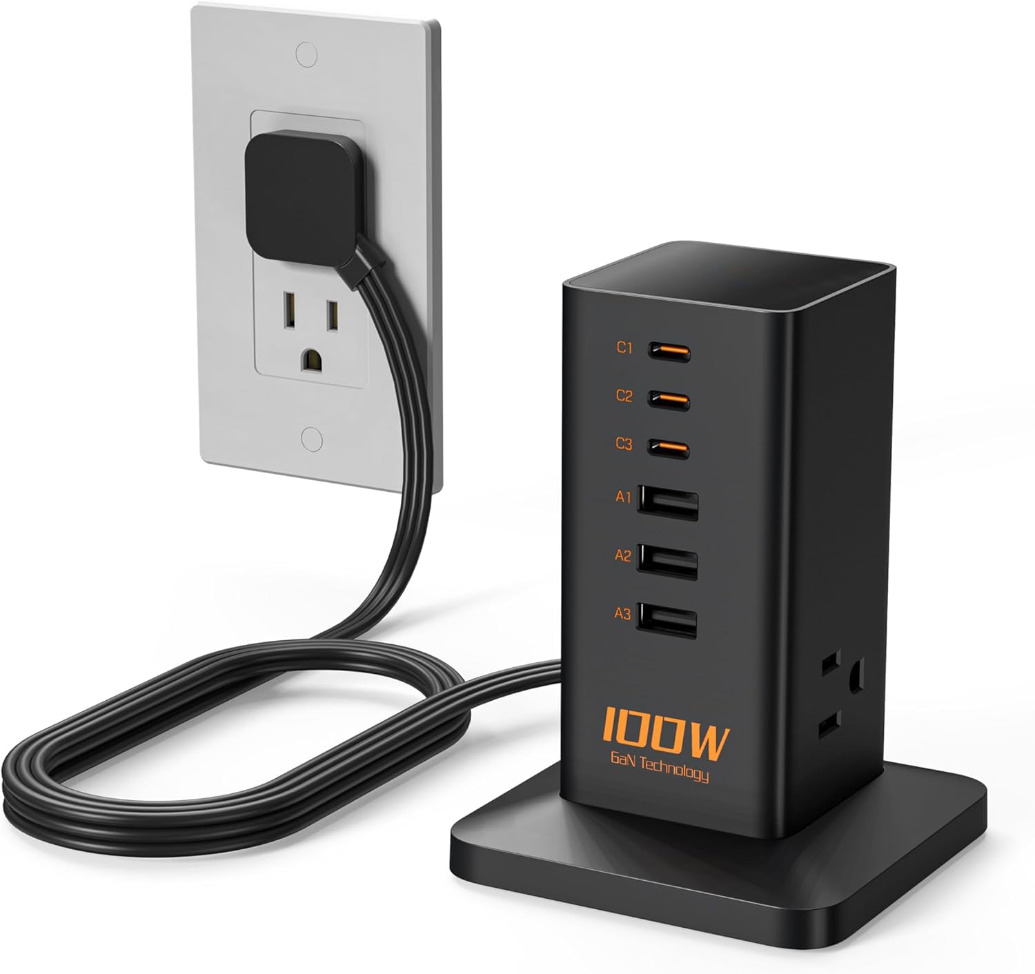 MaseiKar 100W USB C Charging Station for Multiple Devices with 3 Outlets GaN Fast Charger for Home Dorm Office Frosted Black