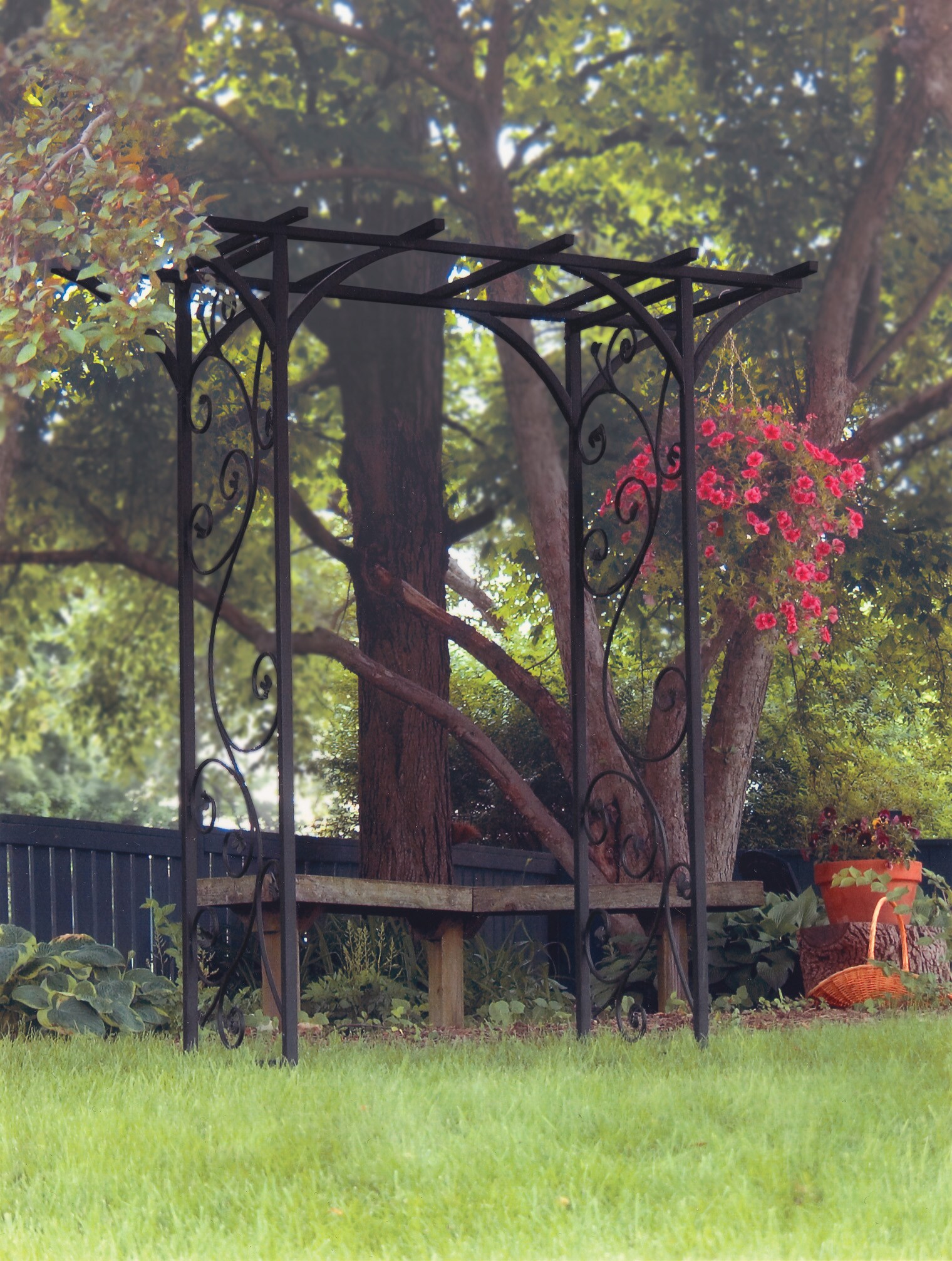 Black Steel Flat Top Garden Arbor with Scrollwork