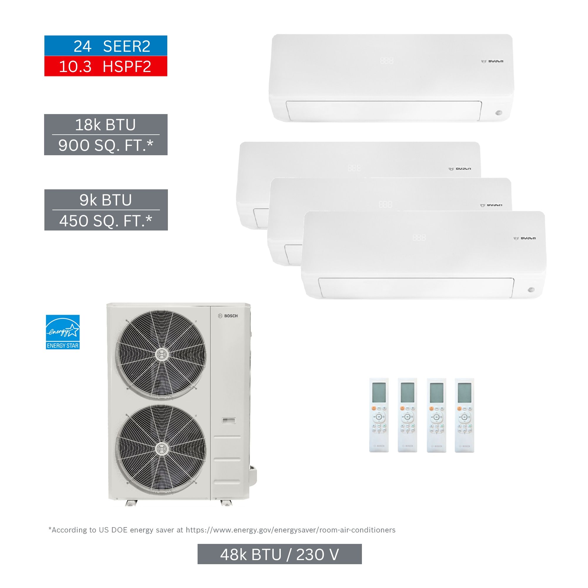 Bosch 8733980473 Climate 5000 Pro Pack Quad or more Zone 48000-BTU 24 SEER Ductless Mini Split Air Conditioner Heat Pump Included with 230-Volt