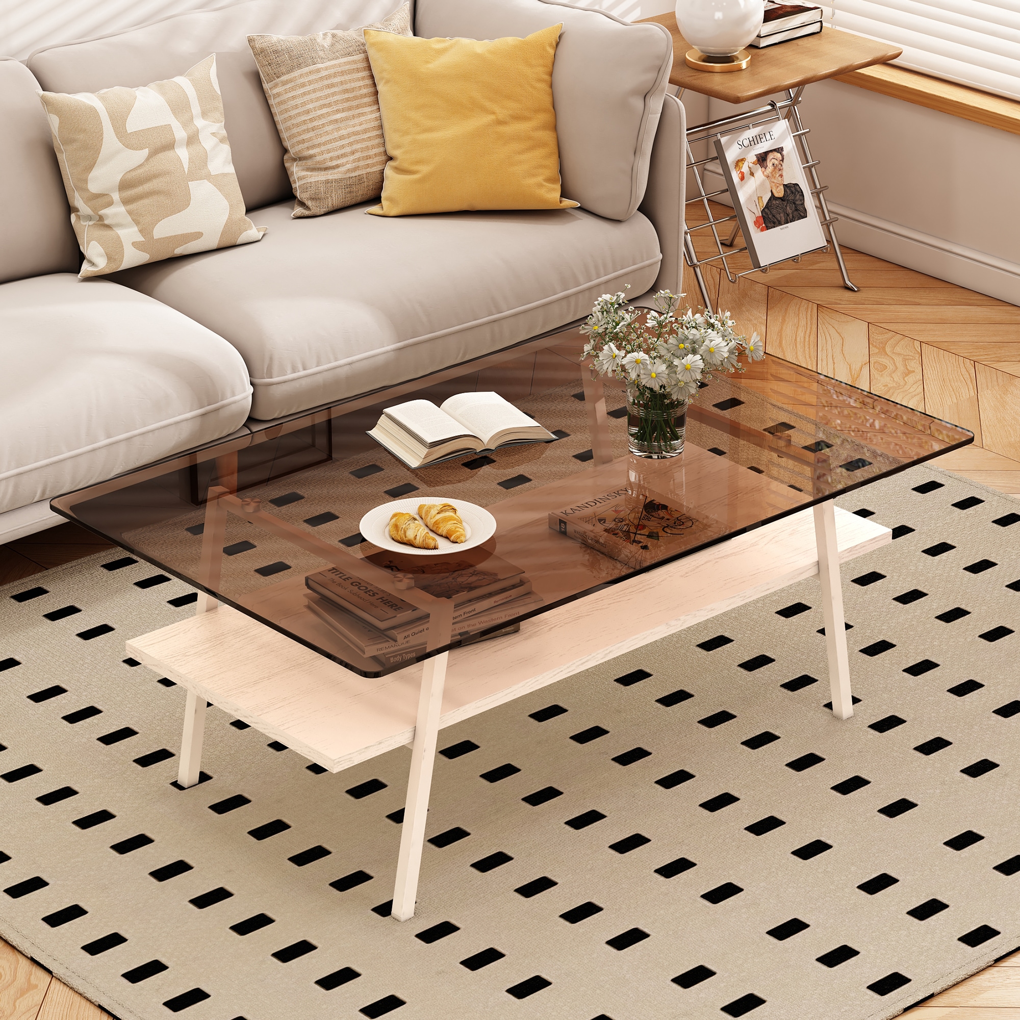 Tatayosi Rectangle Coffee Table Tempered Glass Tabletop with White Metal Legs Modern Table for Living Room Brown Glass