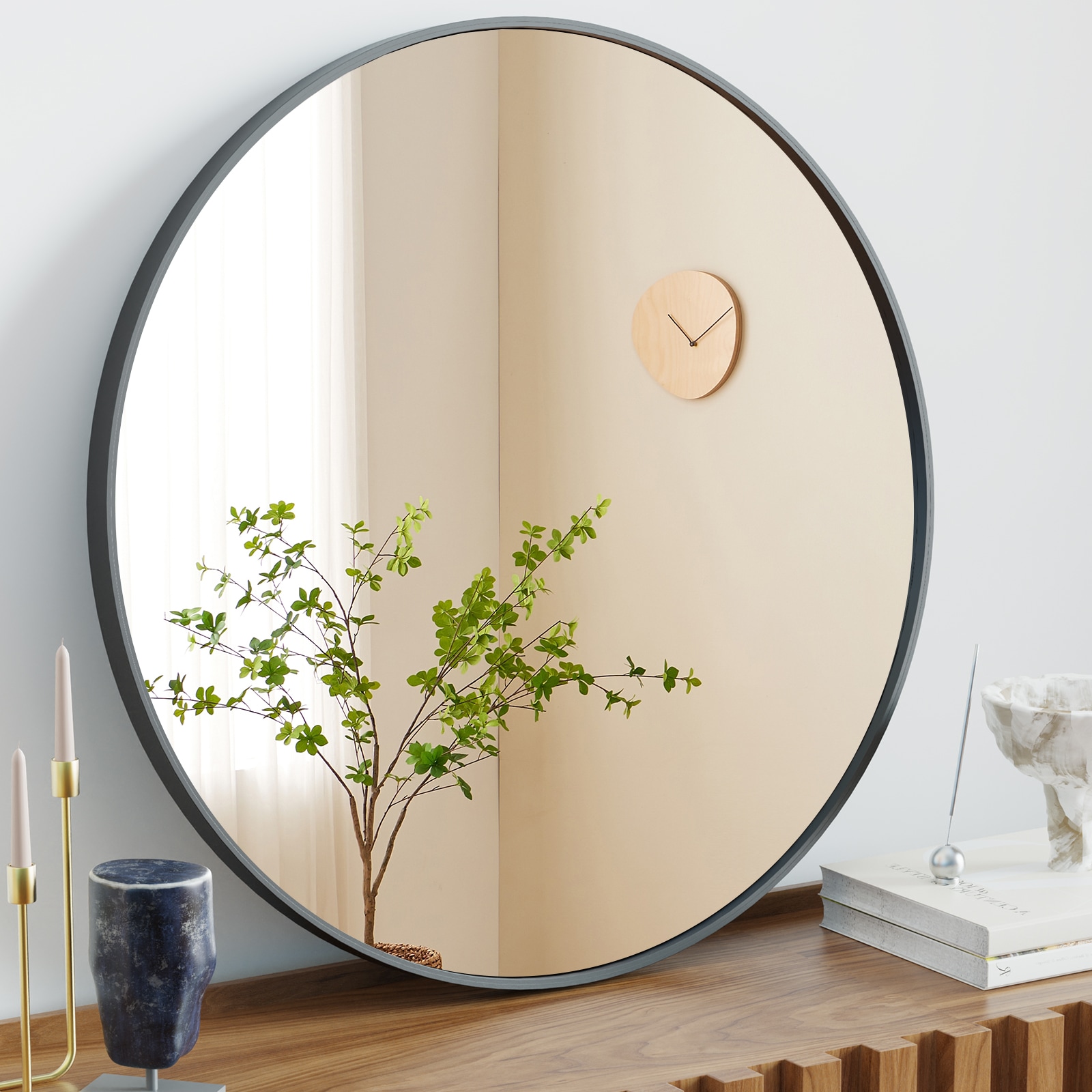 Maocao Hoom BH68430 30-in W x 30.0-in H Round Black Framed Wall Mirror