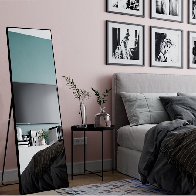 Black Framed Full Length Floor Mirror, Light Grey Headboard Full Length Mirror
