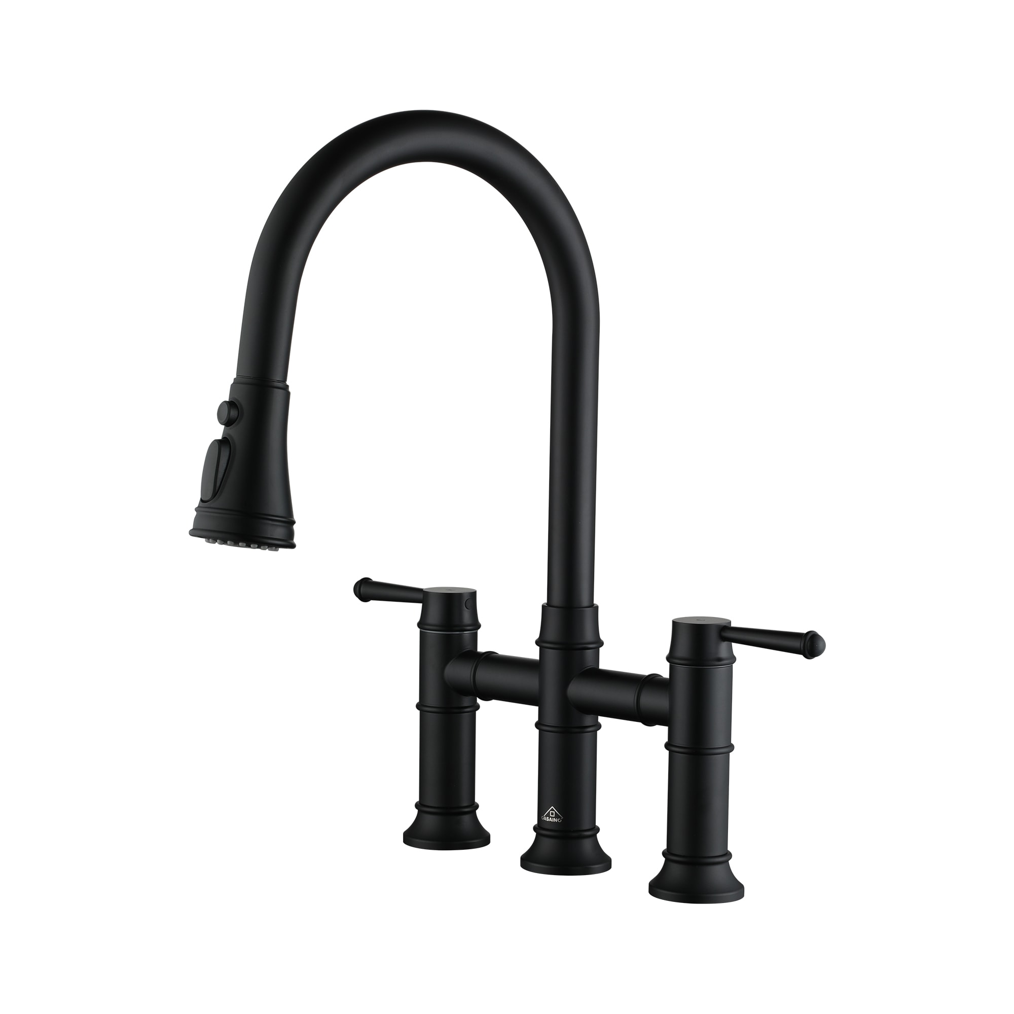 CASAINC CA-WH1050 3 Hole Kitchen Faucet with Pull Down Sprayer Matte Black Double Handle Deck-mount Bridge Kitchen Faucet with Sprayer