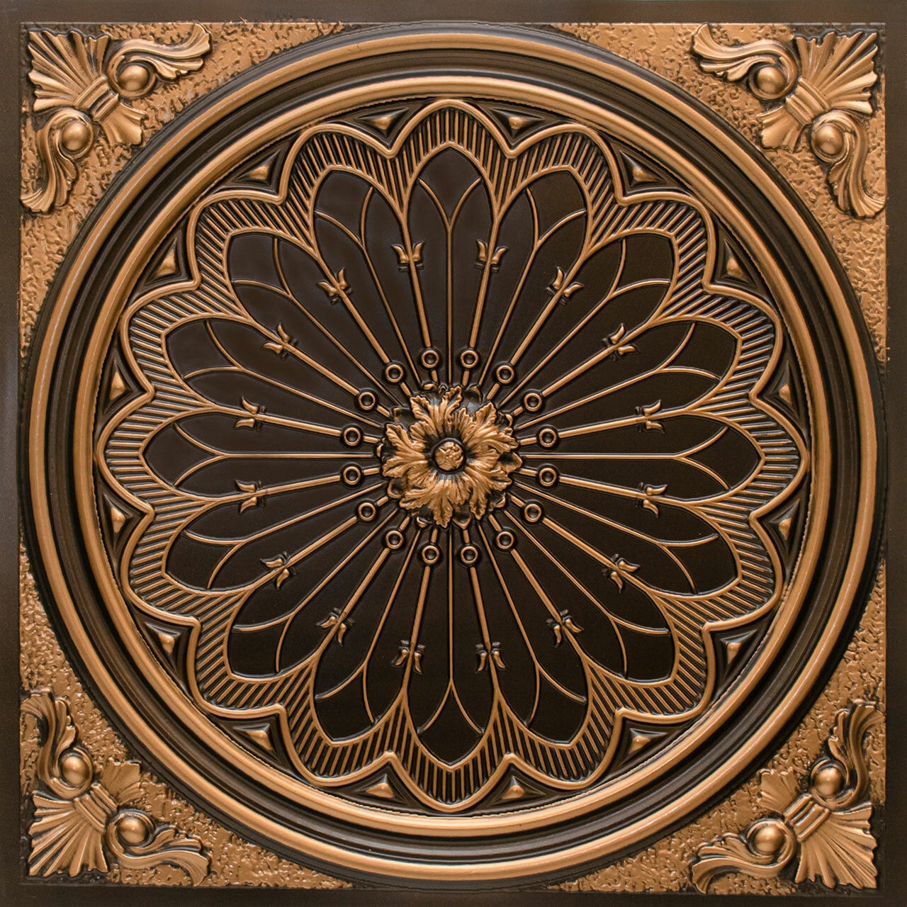 From Plain to Beautiful in Hours 238AG-24X24-10 2-ft x 2-ft Rose Window Faux Tin/PVC Antique Gold PVC Drop-in/Adhesive Ceiling Tile ( 10 -Pack, 40-Sq. Feet / Case )