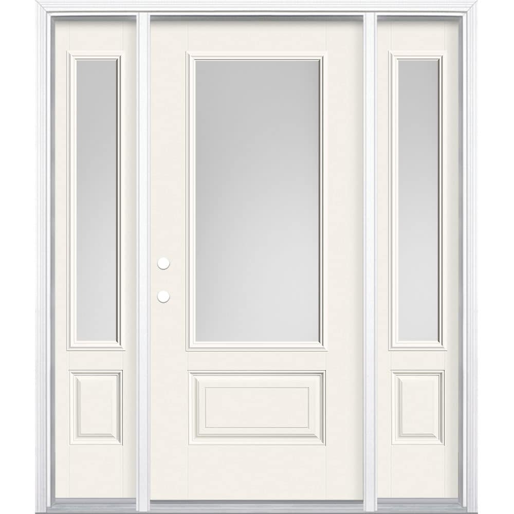 Masonite 629432 64-in x 80-in x 4-9/16-in Fiberglass 3/4 lite Right-hand inswing Arctic White Painted Prehung Front Door with Sidelights with Brickmould Insulating core