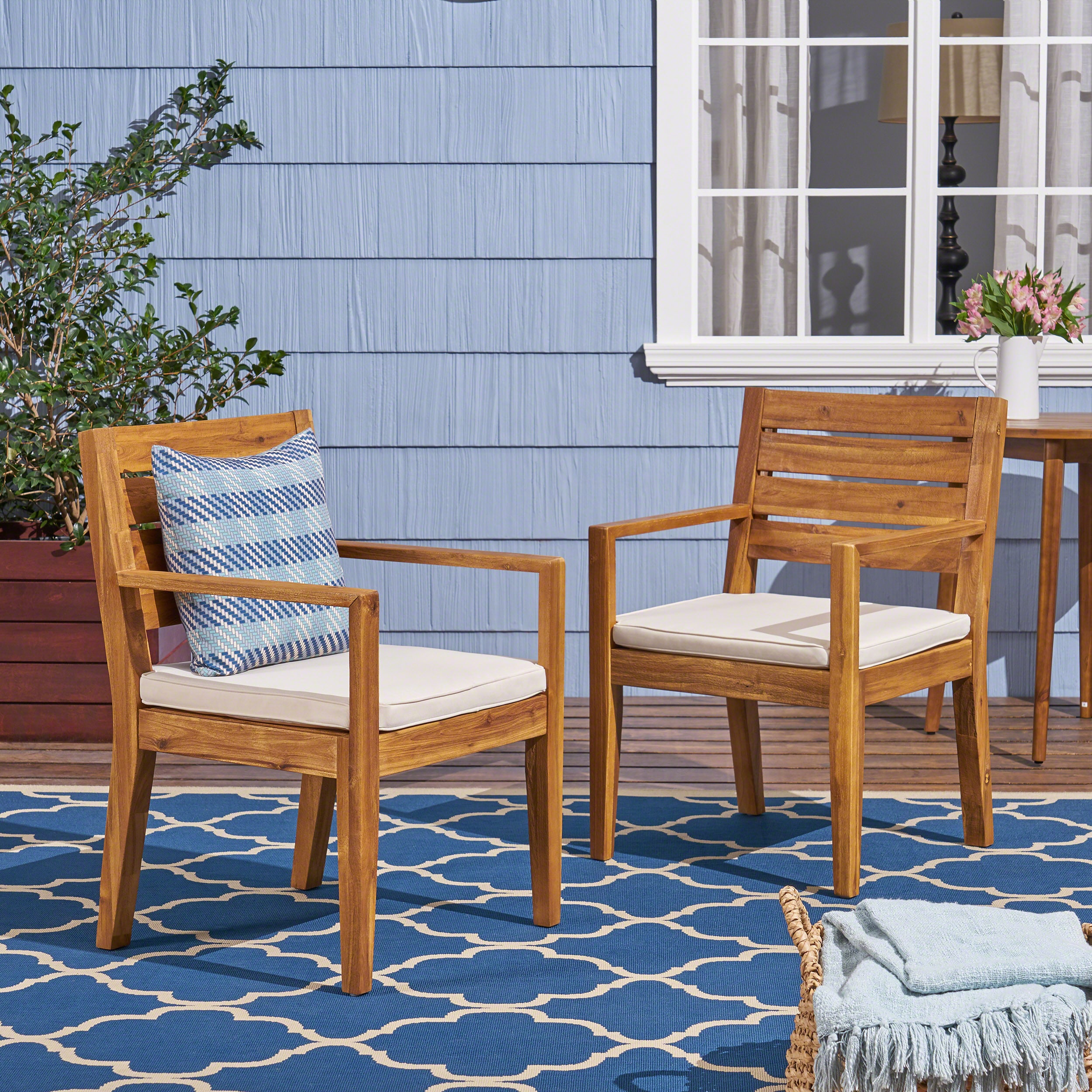 ModernLuxe L-63949.00BGE Outdoor Dining Chair Set of 2,Sandblast Natural Stained Set of 2 Natural Wood Frame Stationary Conversation Chair with Off-white Cushioned Seat
