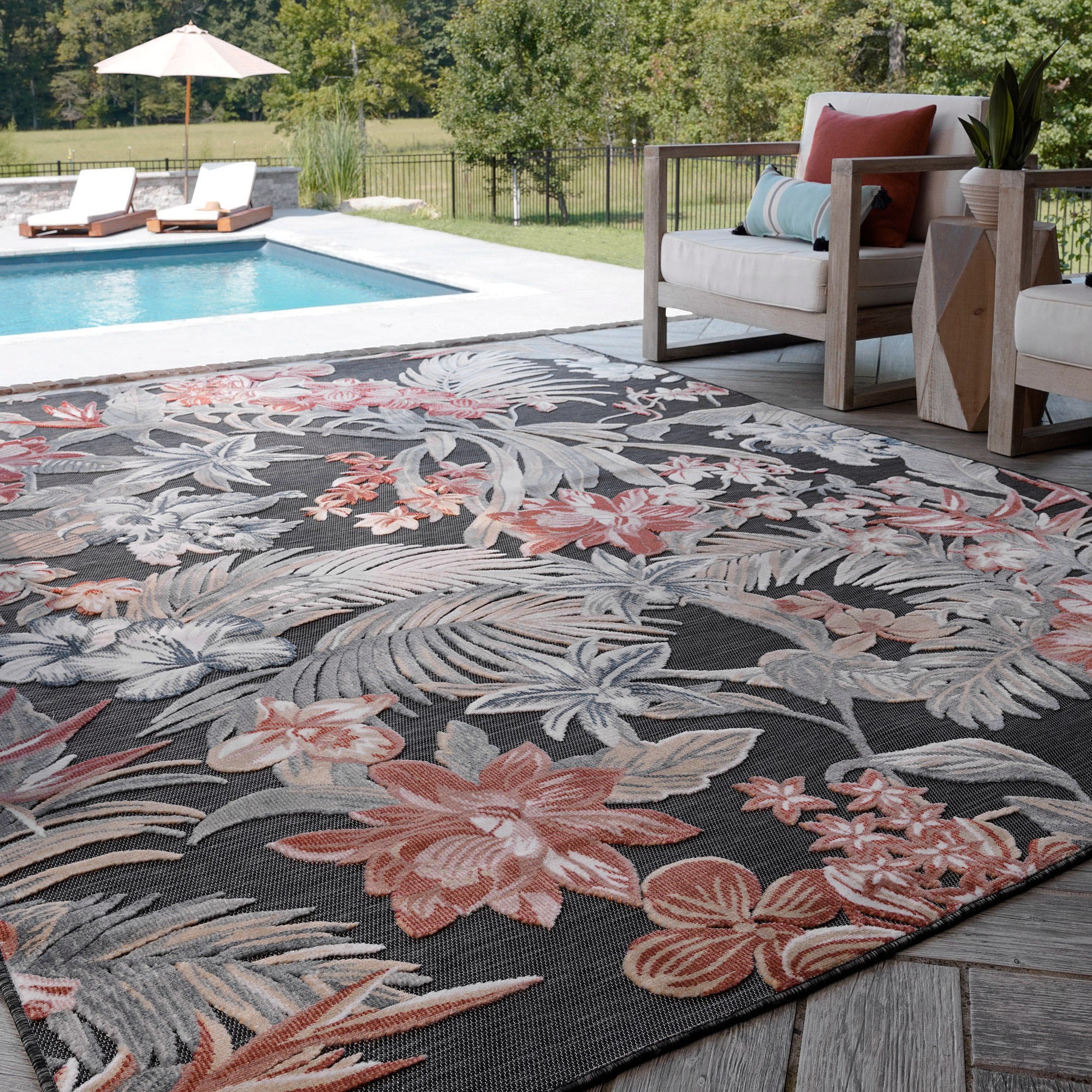 Tayse TRP1003 9X12 Tropic 9 x 12 (ft) Flatweave Polypropylene Black Rectangular Indoor/Outdoor Floral/Botanical Coastal Area rug