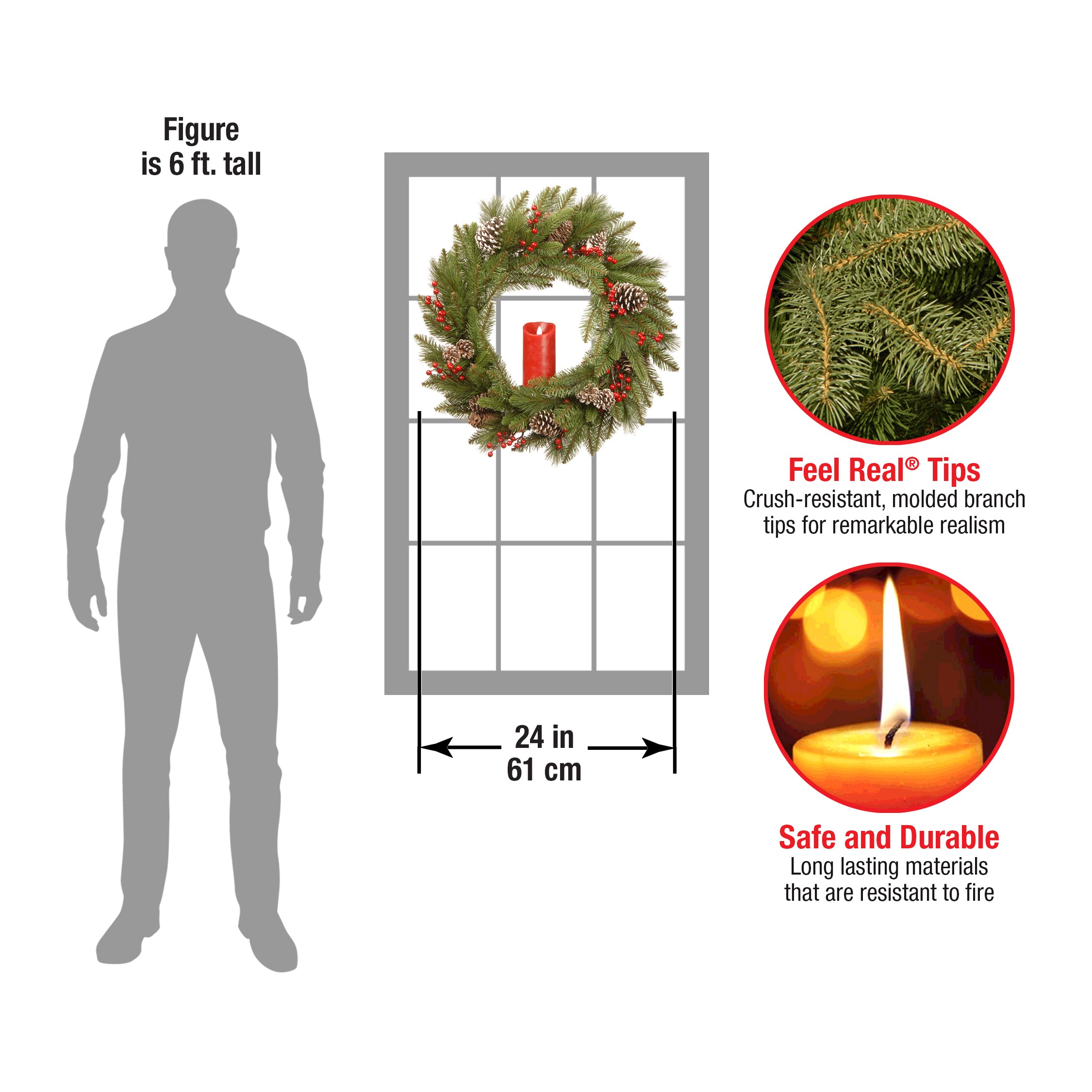 Bristle Berry Pine 24" Artificial Christmas Wreath with Flickering Candle