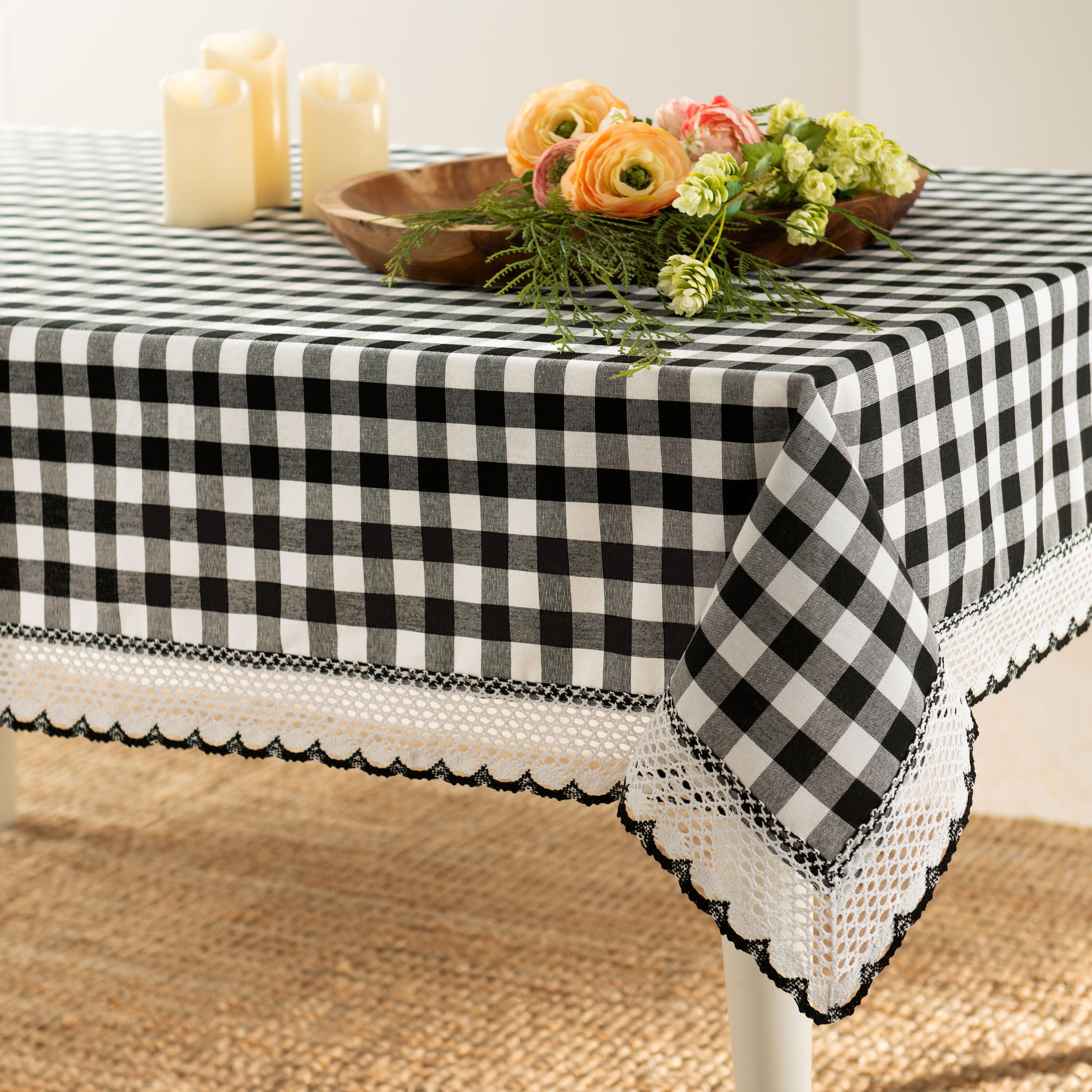 KATE AURORA Country Farmhouse Plaid Buffalo Check Stain and Spill Proof Fabric Tablecloths 60in X 104in 8-10 Chairs Black