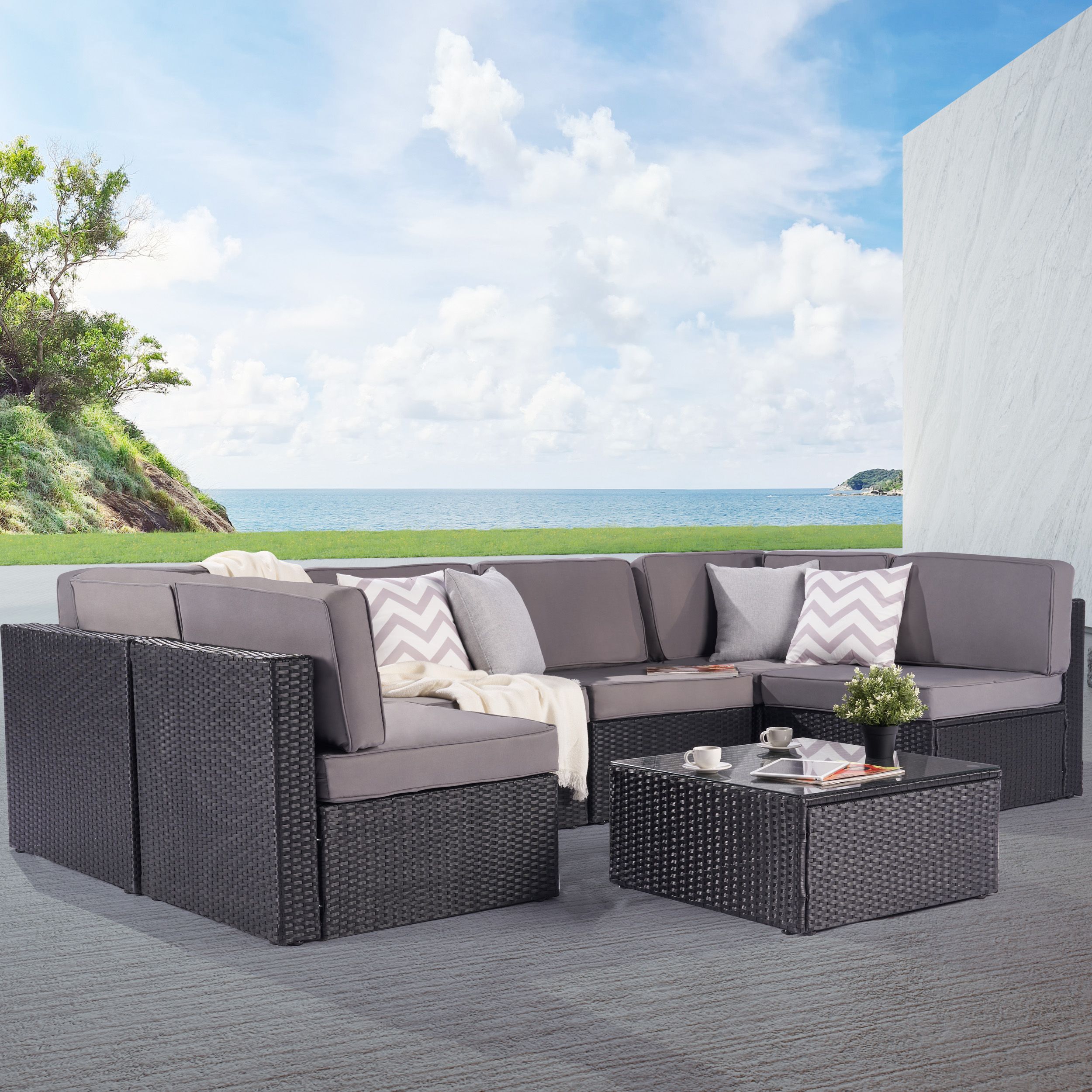 SANSTAR L-WS604-LY-V1 Patio Conversation Set 7 -Piece Wicker Patio Conversation Set with Gray Cushions