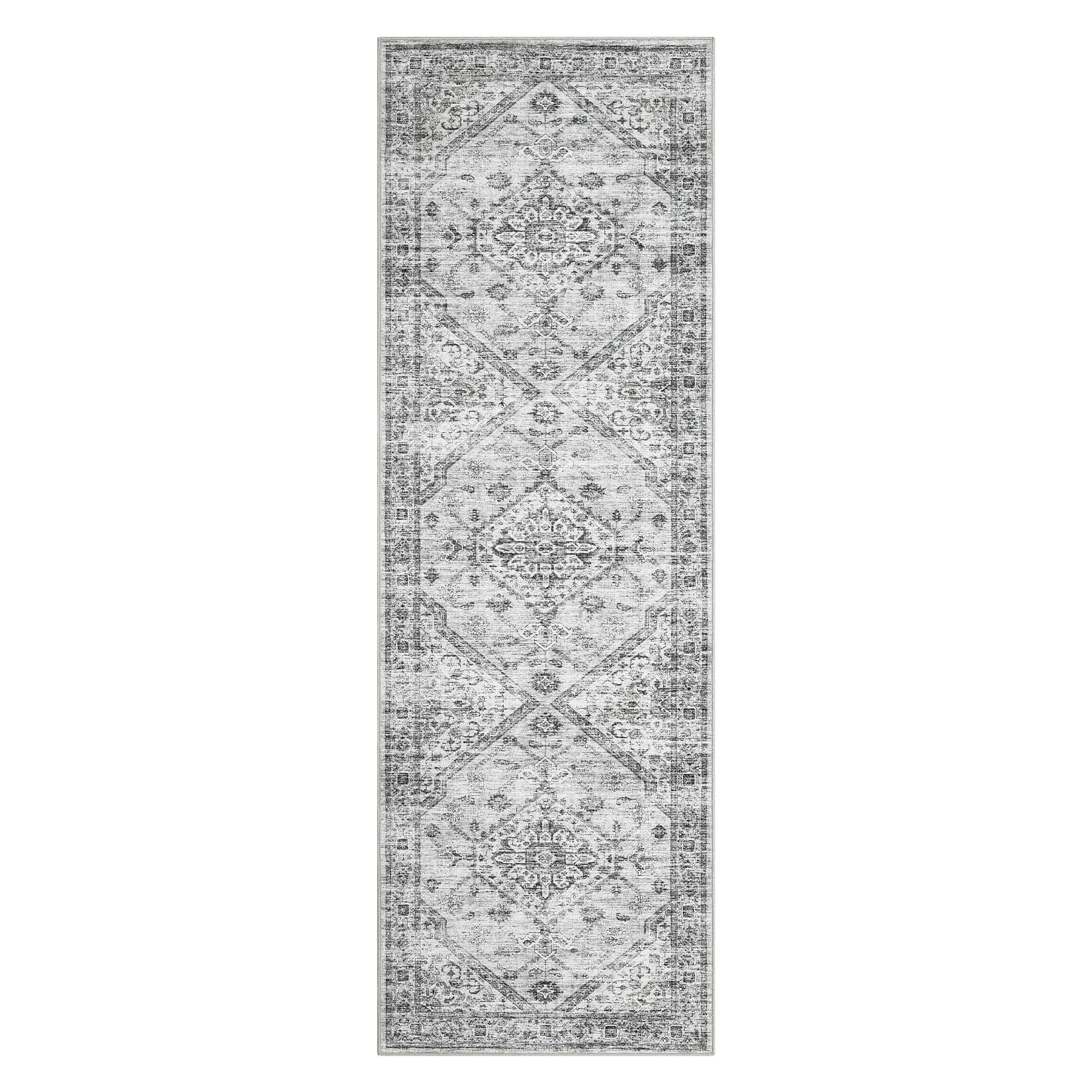 Qeetex LSN-PHK-33EURBND 2 x 6 ft Polyester Cashmere Imitation Light Gray Rectangular Hallway Bathroom Entryway Kitchen Office Foldable Geometric Persian Washable Area Rug