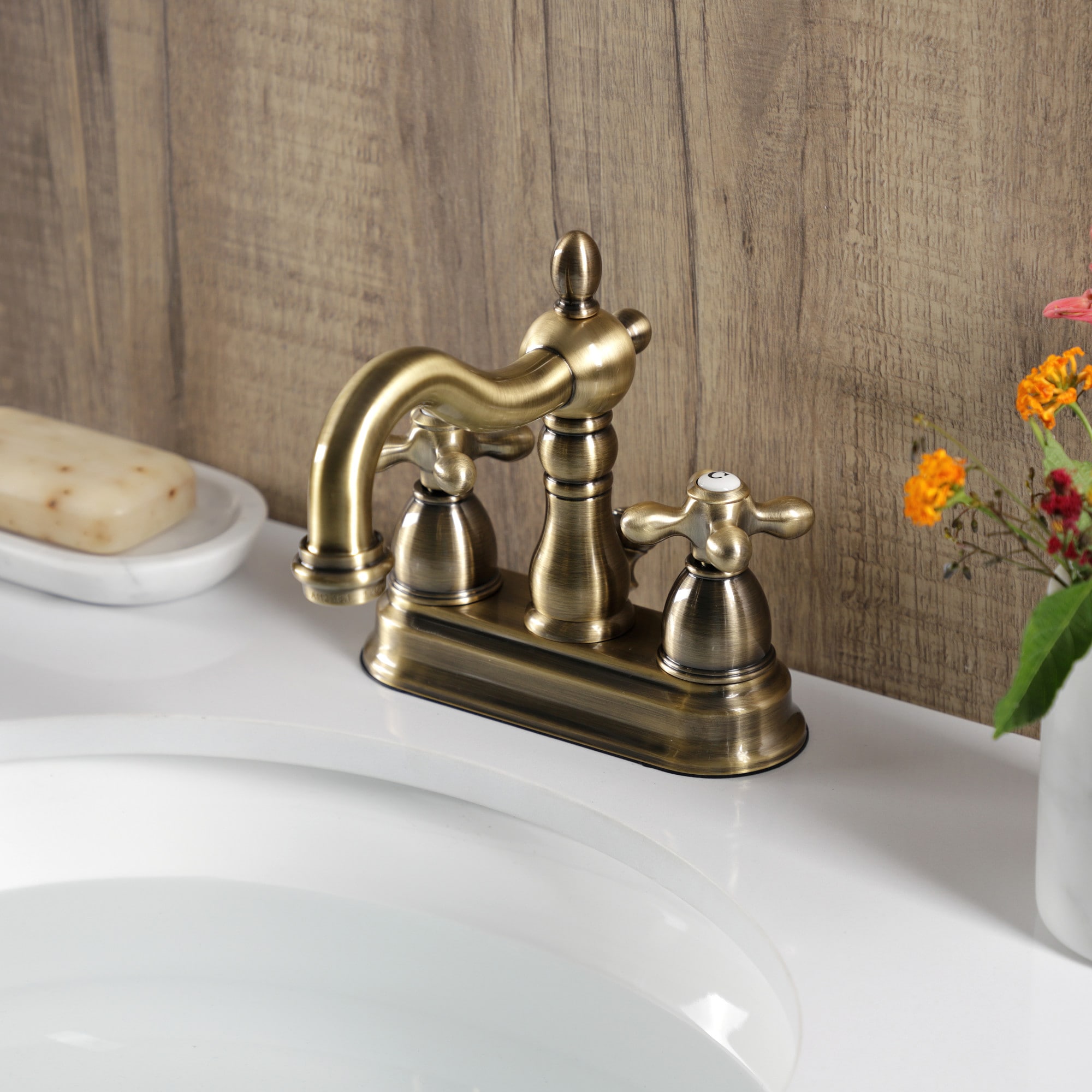 Elements of Design EB1603AX Heritage Antique Brass 4-in centerset 2-handle Mid-arc Residential Handle Bathroom Sink Faucet with Drain