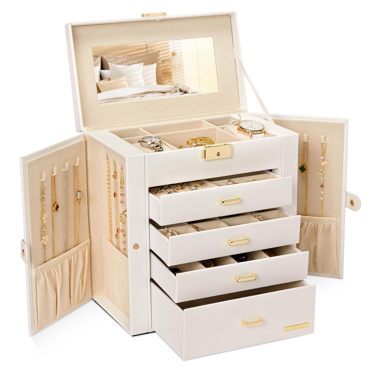 Fredees Lockable Mirrored Jewelry and Watch Organizer Box with 4 Drawers Swing-Out Cabinets Faux Leather Exterior 10.43 x 6.10 x 11.14 In White and Gold