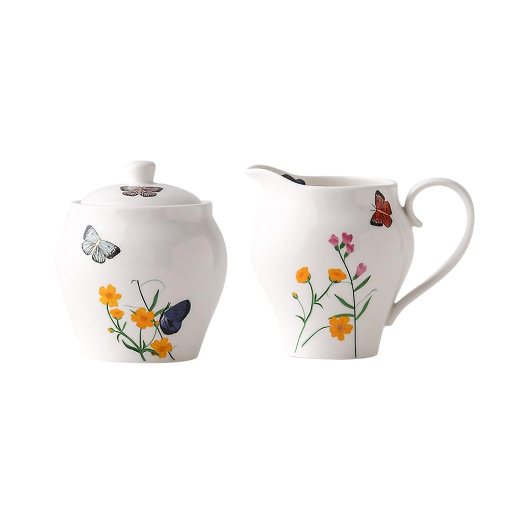 Aoibox  Butterfly and Flower Ceramic Creamer and Sugar Bowl Set with Lid 9 oz Pitcher and 10 oz Bowl for Tea