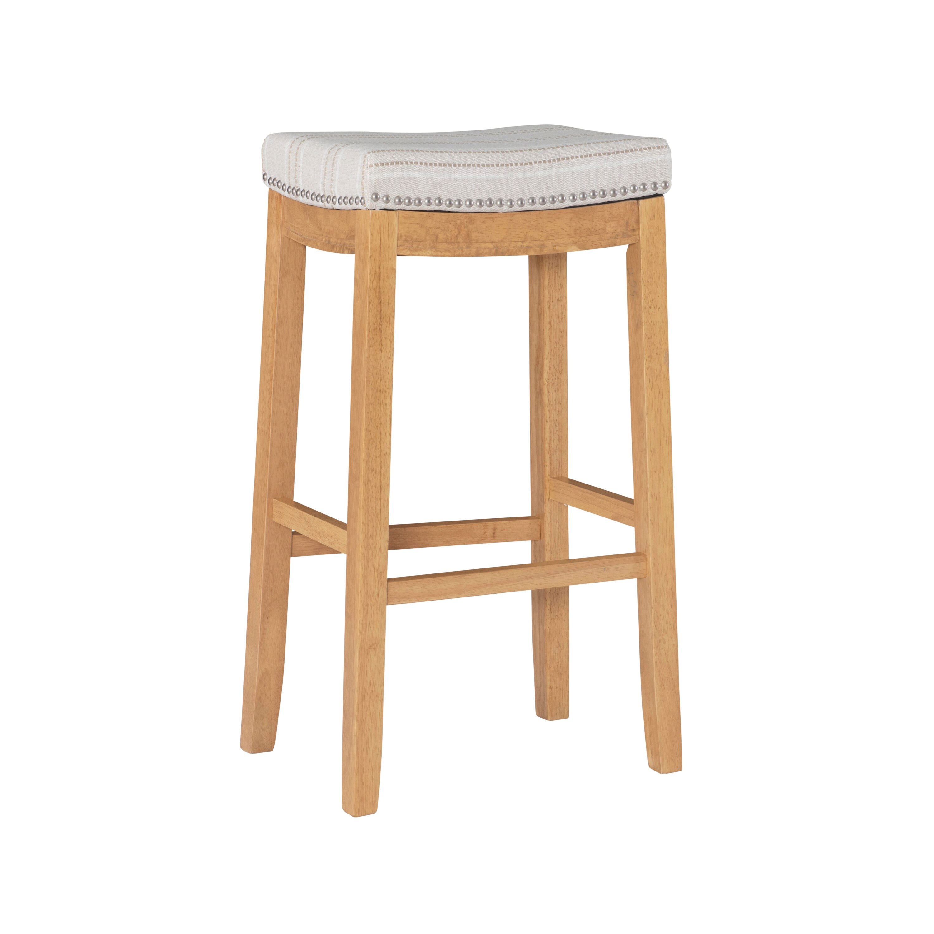 Linon BS230FLK01U Claridge Linen Striped Bar Stool Brown Wood 32.5-in H Bar height Saddle seat Upholstered Wood Bar Stool