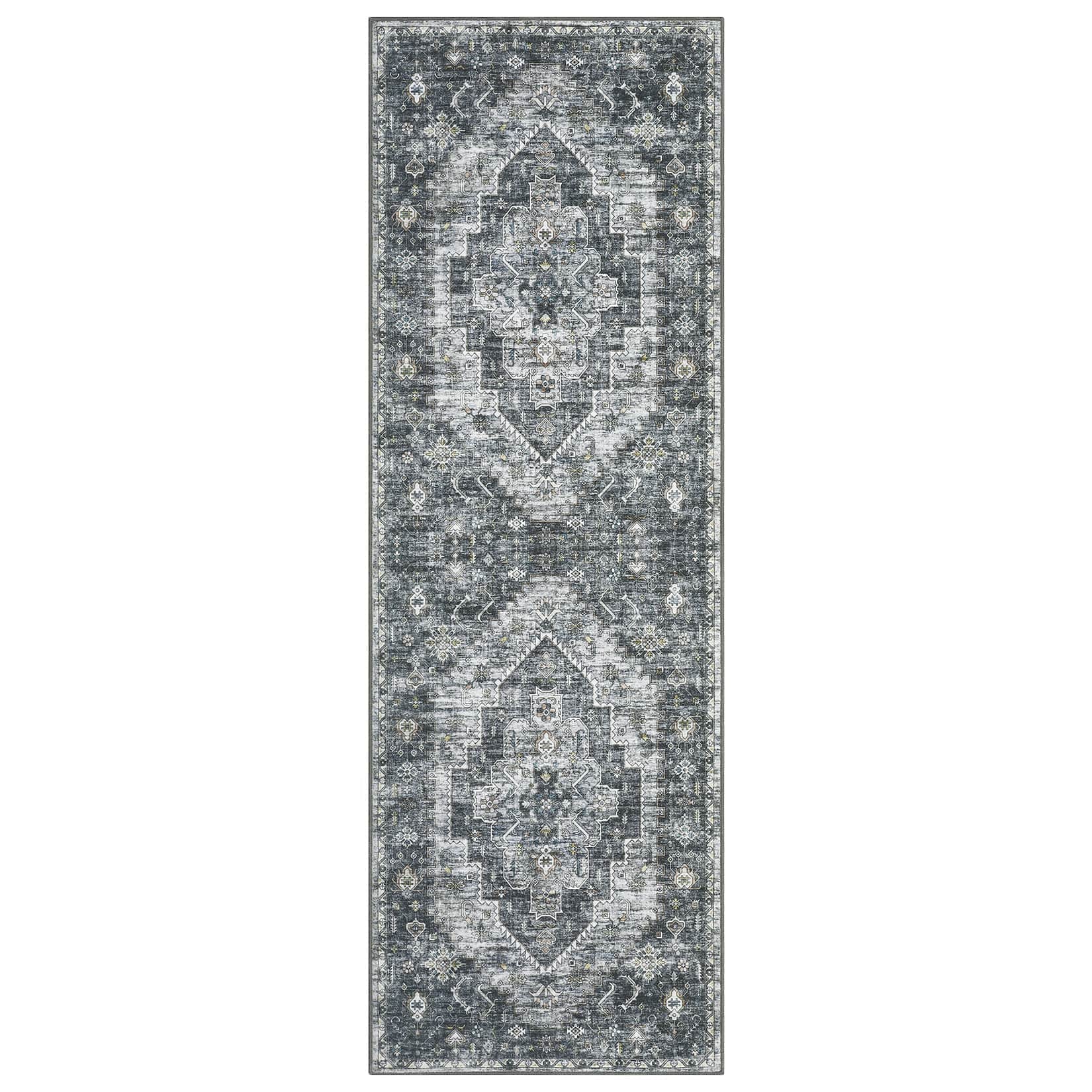 Qeetex LSN-PHO-16LHL3KB 2 x 6 ft Polyester Cashmere Imitation Gray Rectangular Hallway Bathroom Entryway Kitchen Office Foldable Flower Printed Persian Washable Area Rug