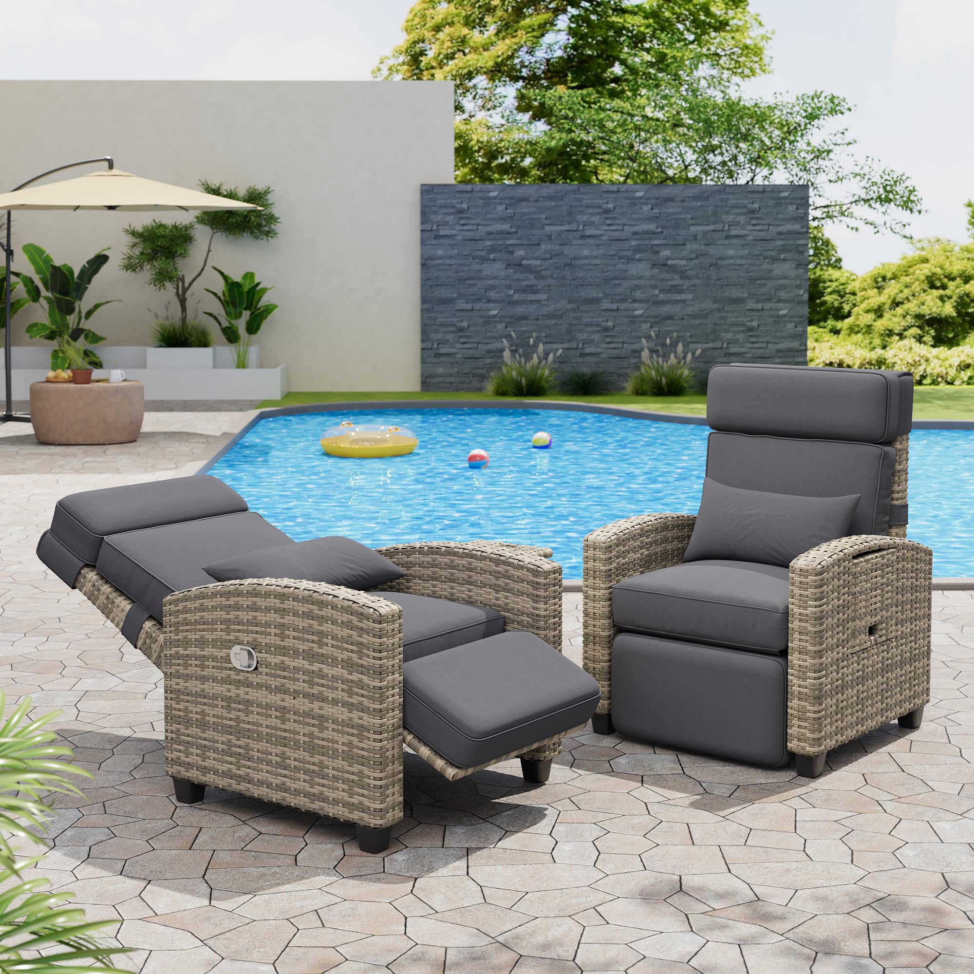 IdealHouse Outdoor Rattan Recliner Chairs Set of 2 Adjustable 150 Degree Lay Flat Patio Lounge turn over Up Table Removable Cushions Wicker Garden Armchairs for Patio Lawn Backyard 2pcs