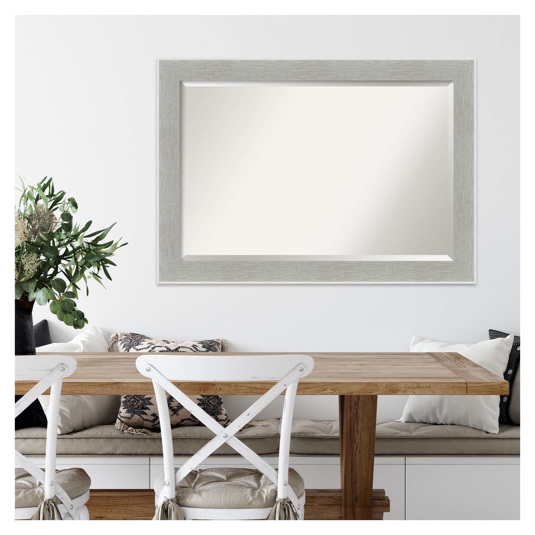 Glam Linen Grey Rectangular Wood Framed Wall Mirror