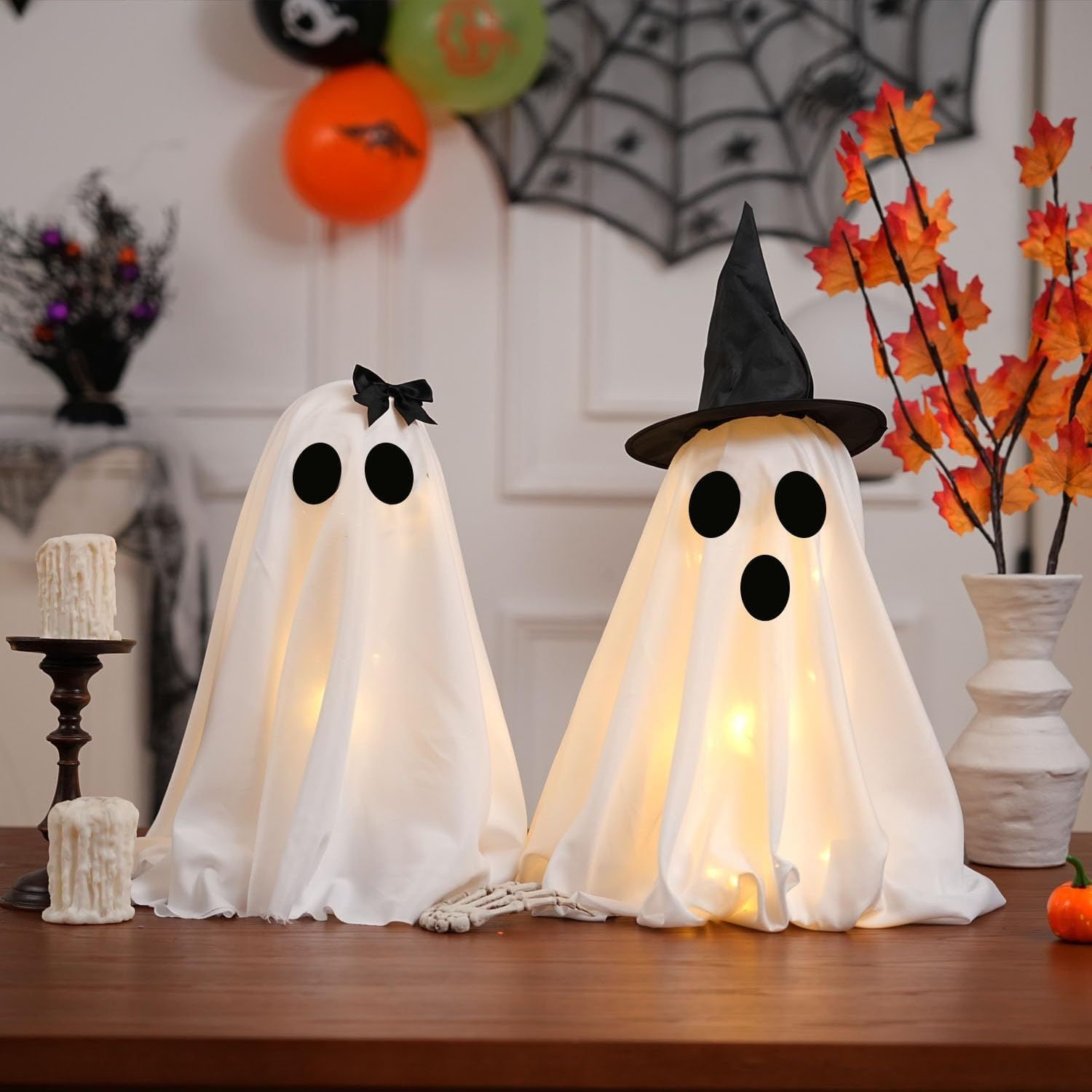 ROSMENA 2 Pack Light Up Ghost Decorations with Timer Male Female for Halloween