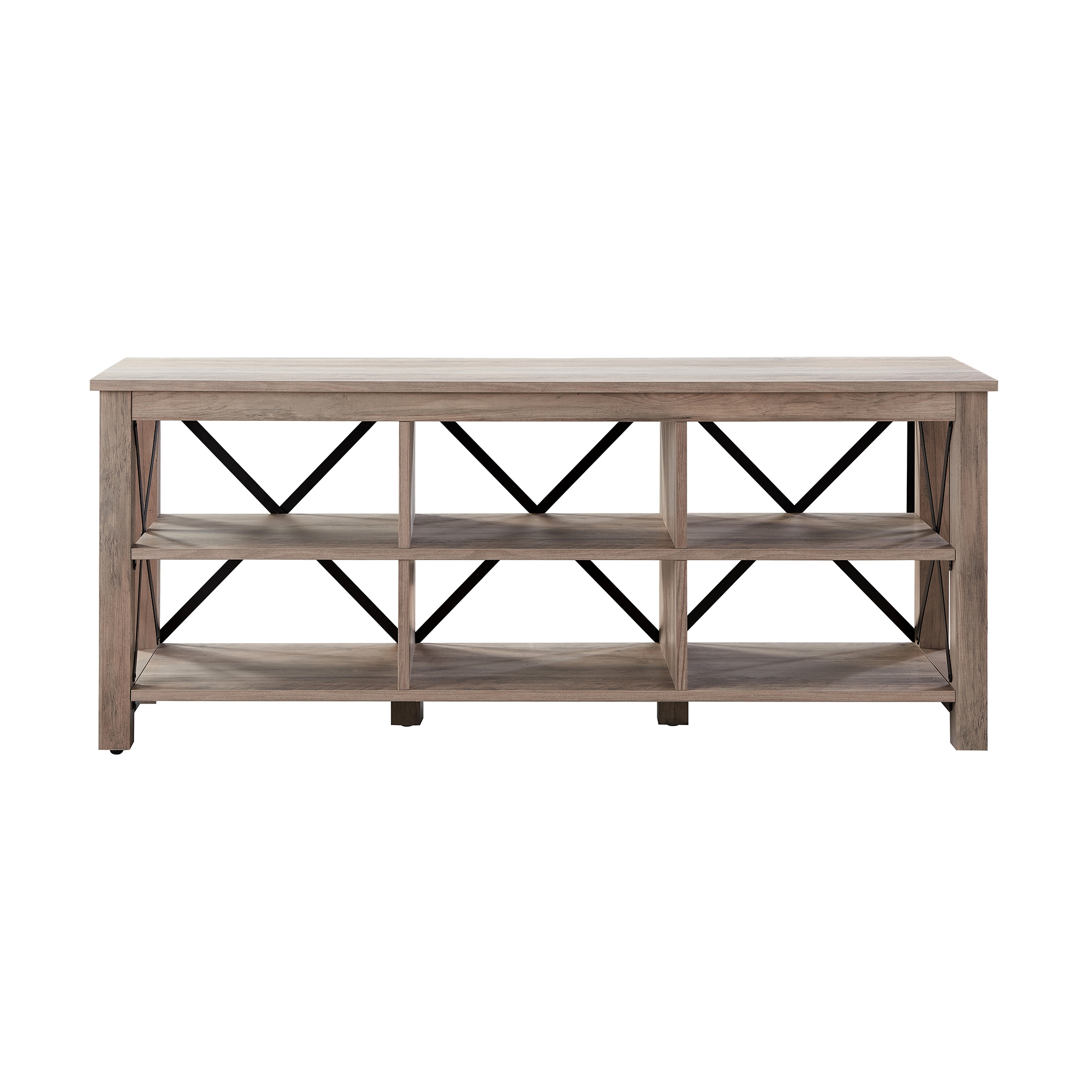 Sawyer Modern Farmhouse 58" TV Stand in Gray Oak with Black Metal Accents