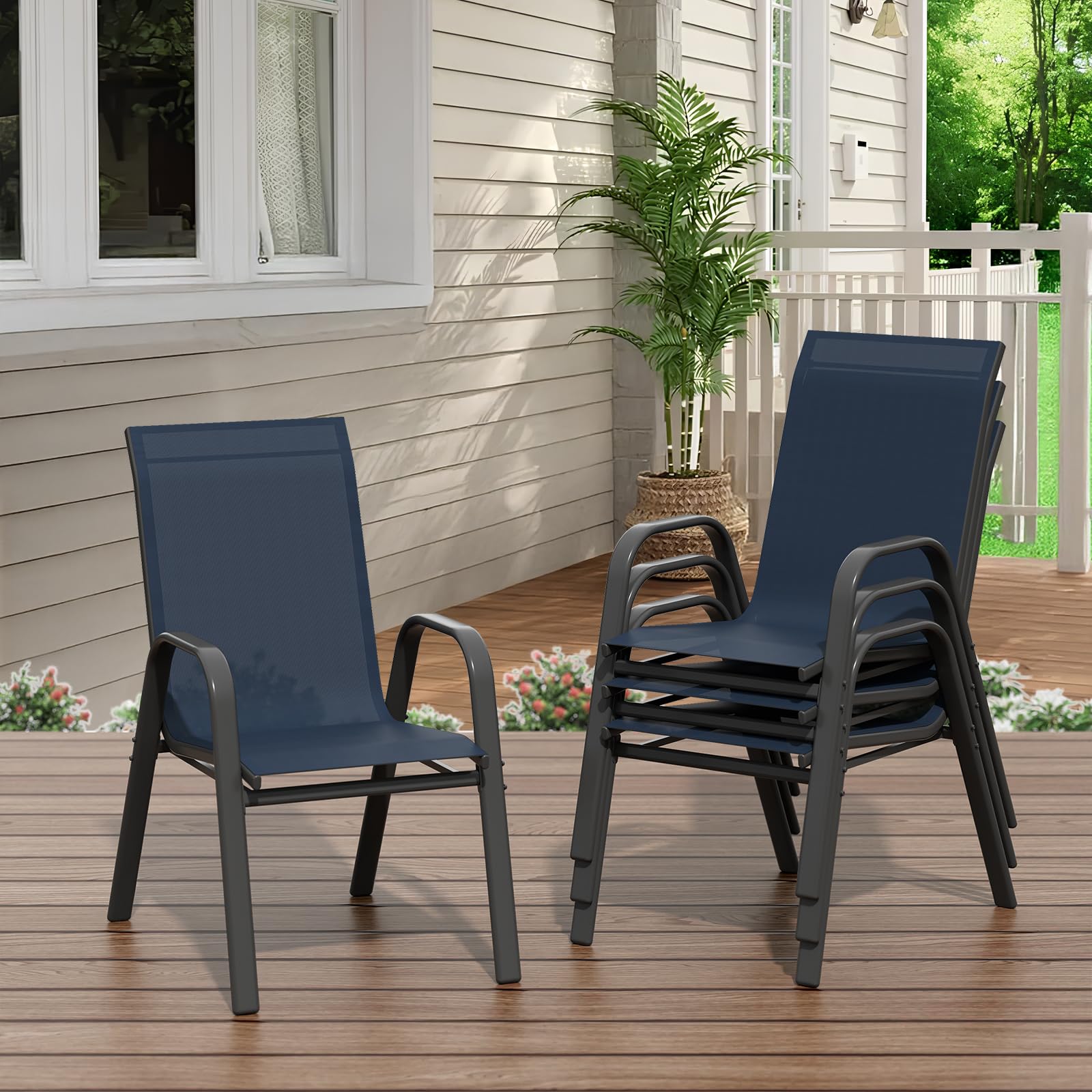 Garvee Patio Chairs Set of 4 Outdoor Stackable Dining Chairs Textilene Fabric All Weather Deck Stacking Chairs High Back Backyard Poolside Garden Balcony Navy Blue