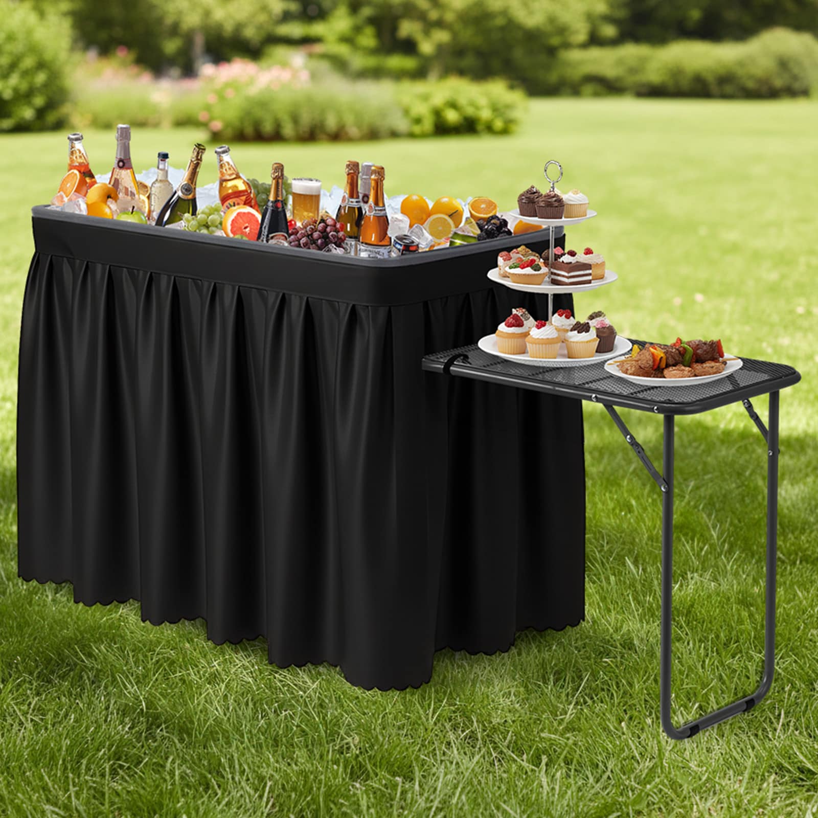 VINGLI 22D x 64W x 32H Portasble Ice Table with with Side Table and Removable Skirt/Indoor and Outdoor Bar for Events Parties and Camping Black