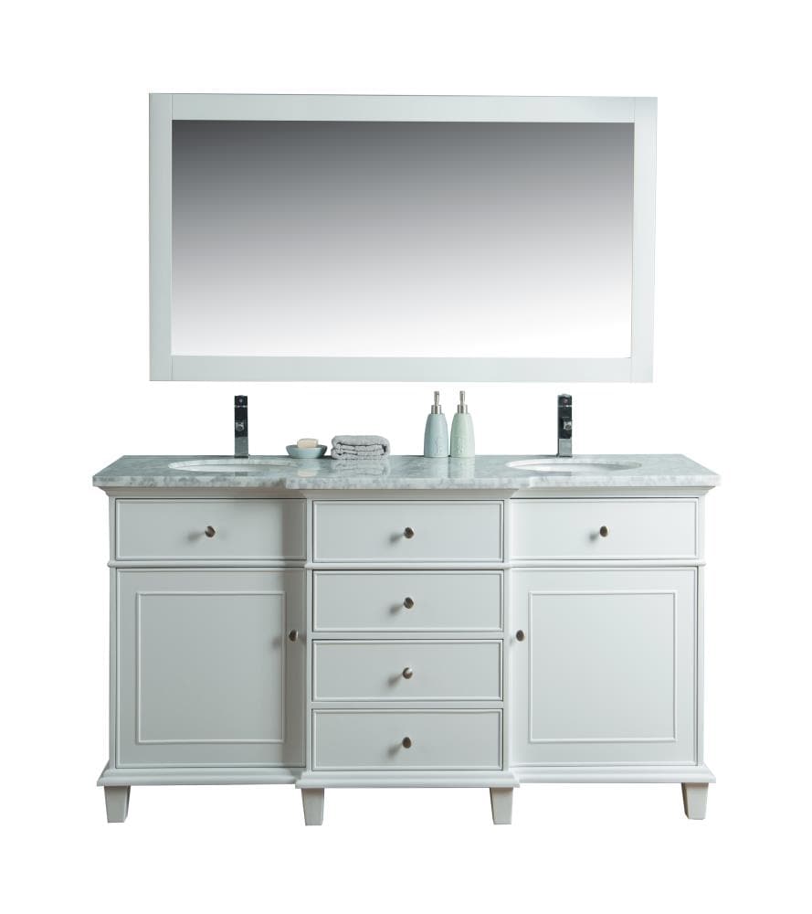 Stufurhome 60-in White Double Sink Bathroom Vanity with Carrara White Natural Marble Top
