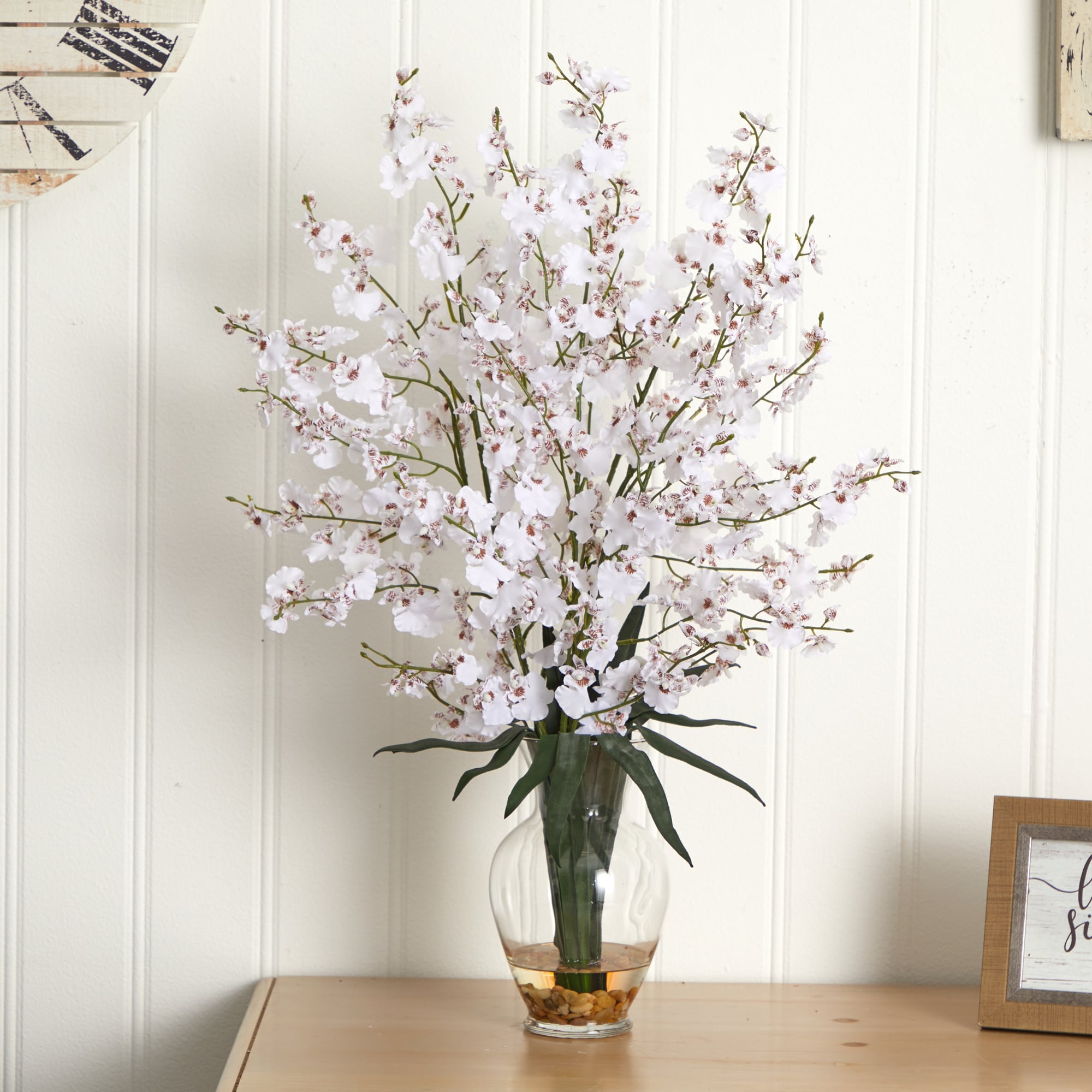 White Silk Orchid Arrangement in Clear Glass Vase