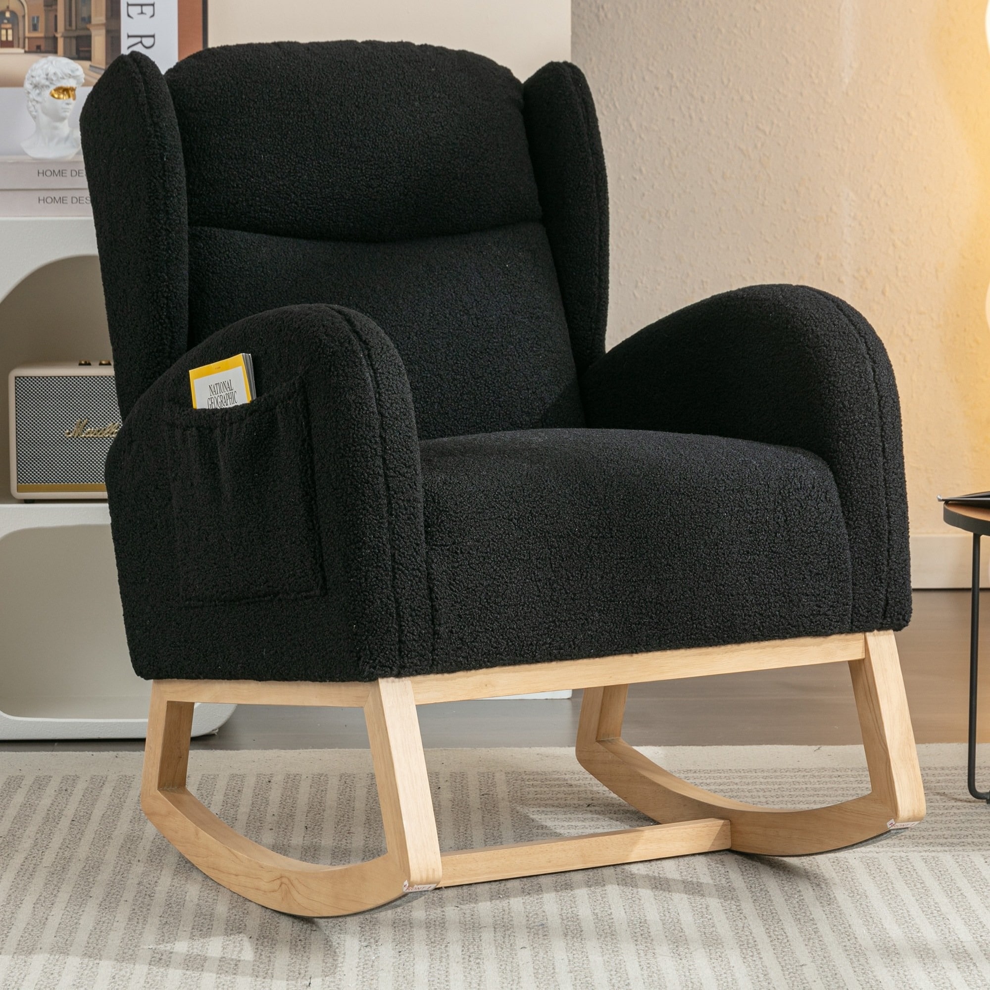 UOI 28 inch W x 38 inch D x 40 inch H Black Teddy Fabric Leisure Rocking Chair with Wing Back Larger Seat Thickened Headrest and High Backrest Storage Pocket on the Right Side and Solid Wood Base Rocker