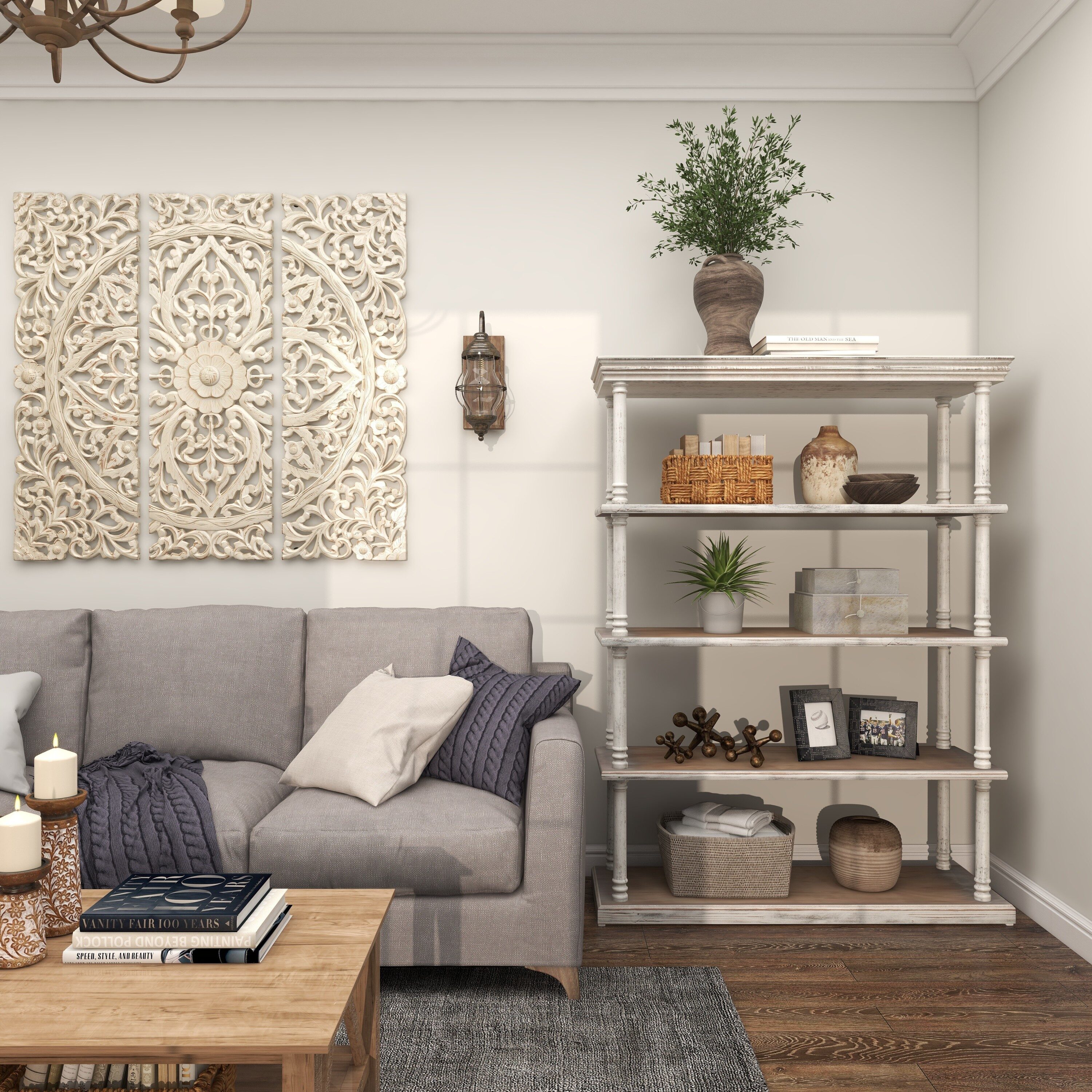 Rustic White and Brown Wood 5-Tier Shelving Unit