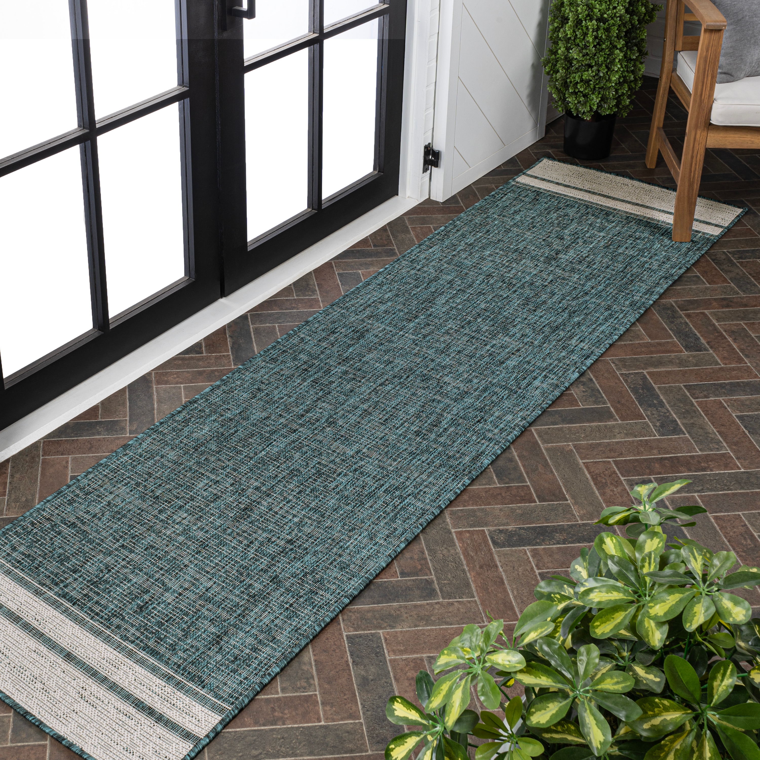 JONATHAN  Y TSN213E-28 TUSCAN SUN Alda Mingled Solid 2 x 8 (ft) Loomed Polypropylene Turquoise/Cream Rectangular Indoor/Outdoor Border Farmhouse/Cottage Runner rug