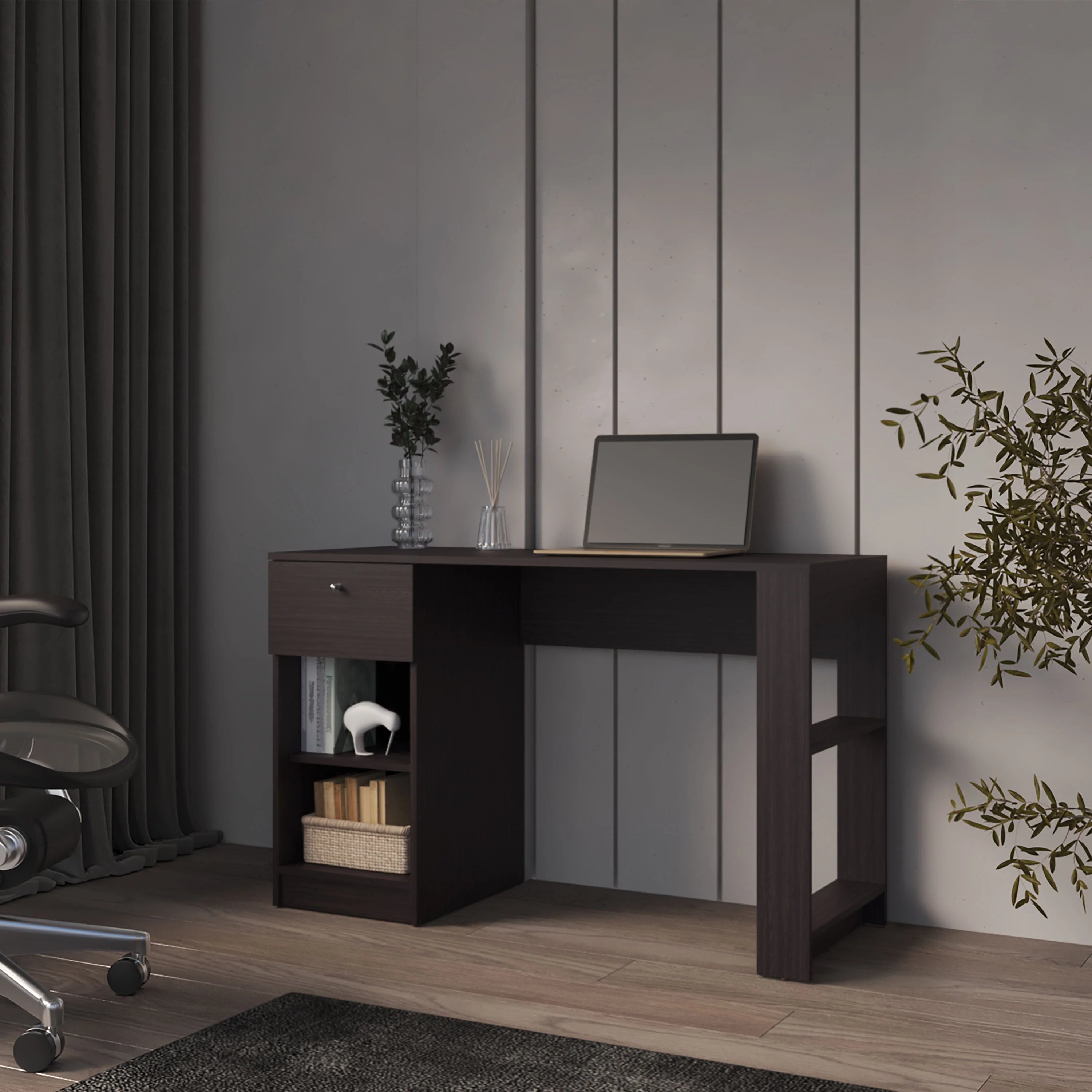 Tatayosi JL-290244 Wengue Wood Computer Desk with 2 Drawers and 3 Open Shelves