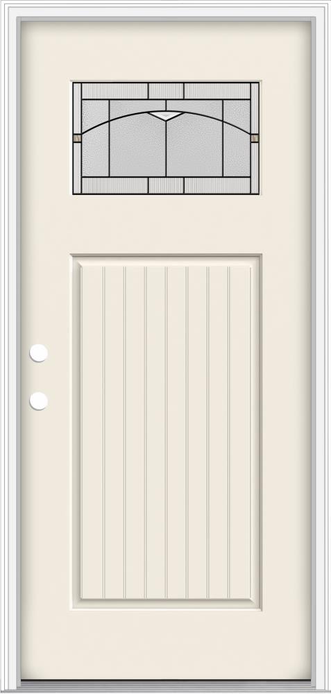 JELD-WEN LOWOLJW205800407 36-in x 80-in Fiberglass Craftsman Right-Hand Inswing Primed Prehung Front Door with Brickmould Insulating Core