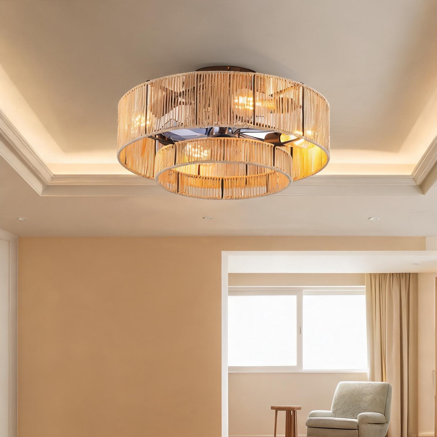 FlowLuxe - Matte Black PC and Rope Ceiling Fan for Bedroom and Living Room with Remote Operation ...