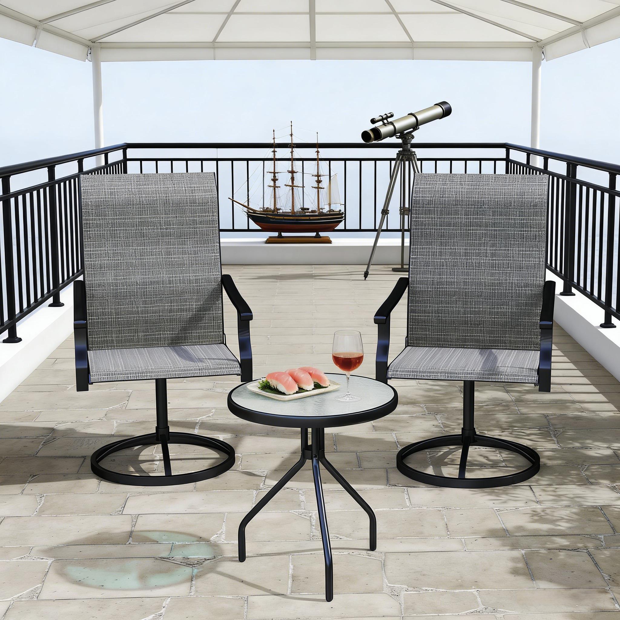 GDFStudio Laurel Outdoor 42.5 in. Modern Steel Frame Ergonomic High Back 360-Degree Swivel Chair Set with Mesh Seating - Black and Grey (Set of 2)