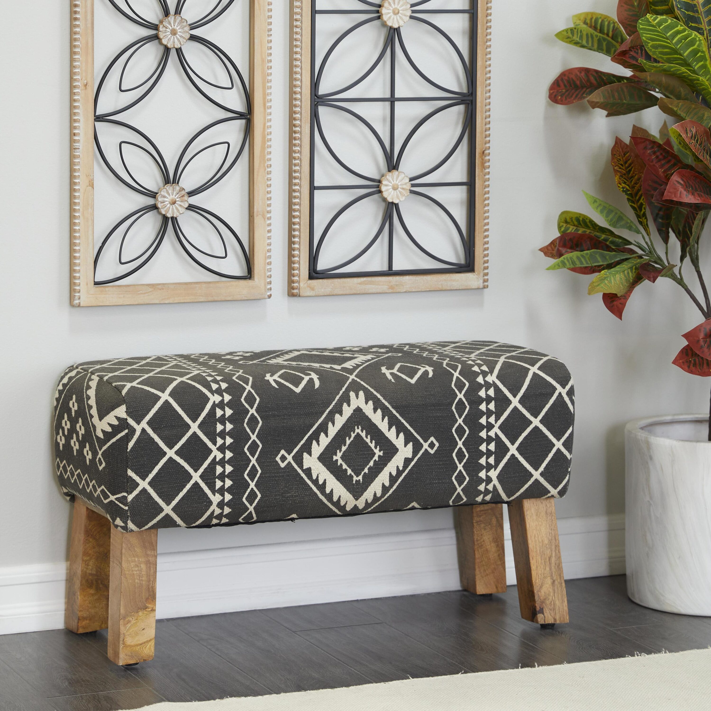 Grayson Lane 29241 Casual Black Tribal with Wood Legs Accent Bench 32.5-in x 14.7-in x 18.05-in